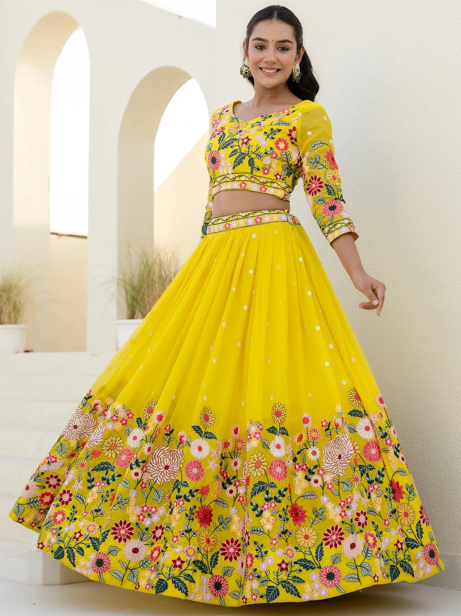 Majestic Yellow Floral Embroidered Organza Sangeet Wear Lehenga Choli - Zeel Clothing