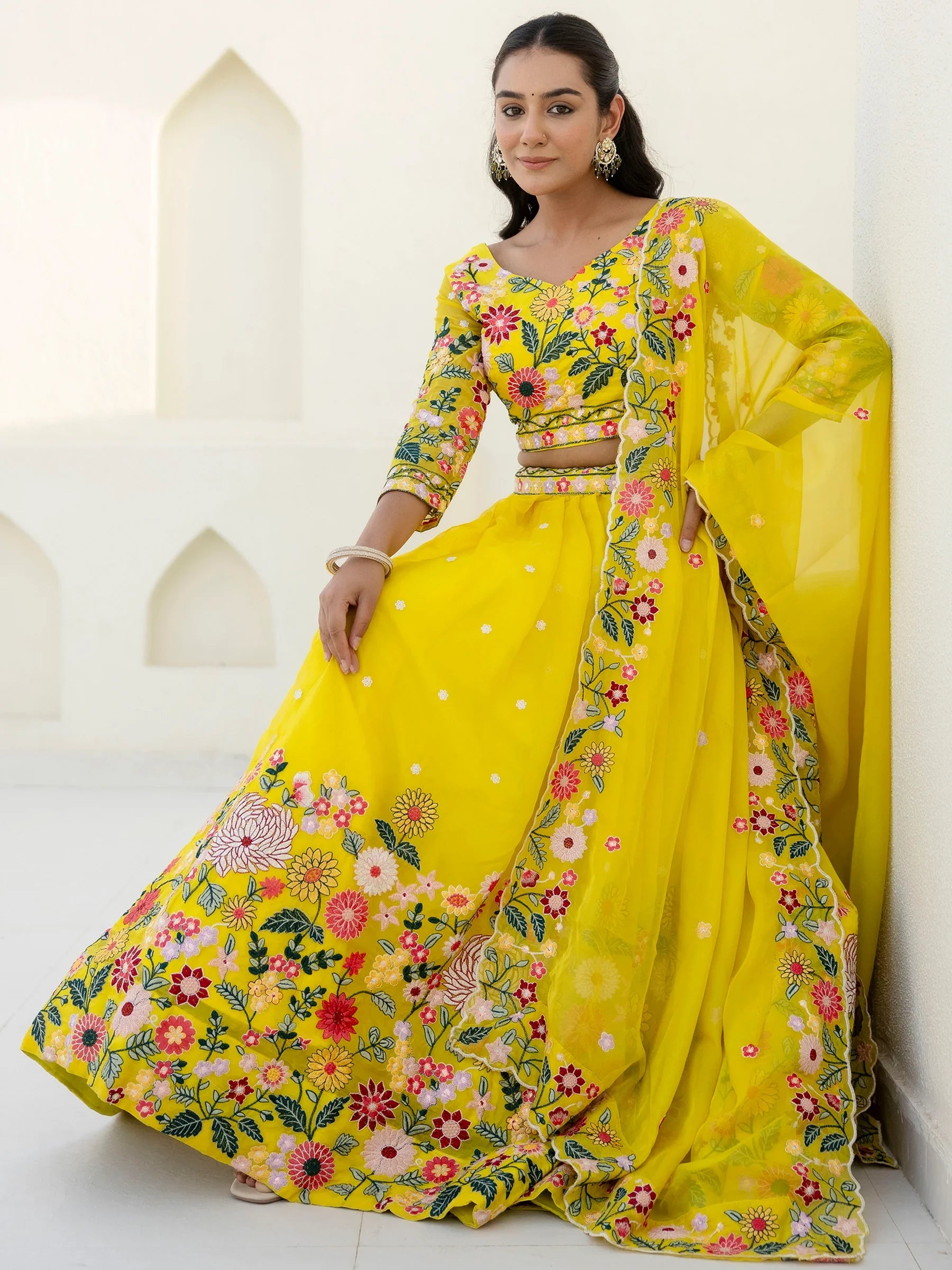 Majestic Yellow Floral Embroidered Organza Sangeet Wear Lehenga Choli - Zeel Clothing