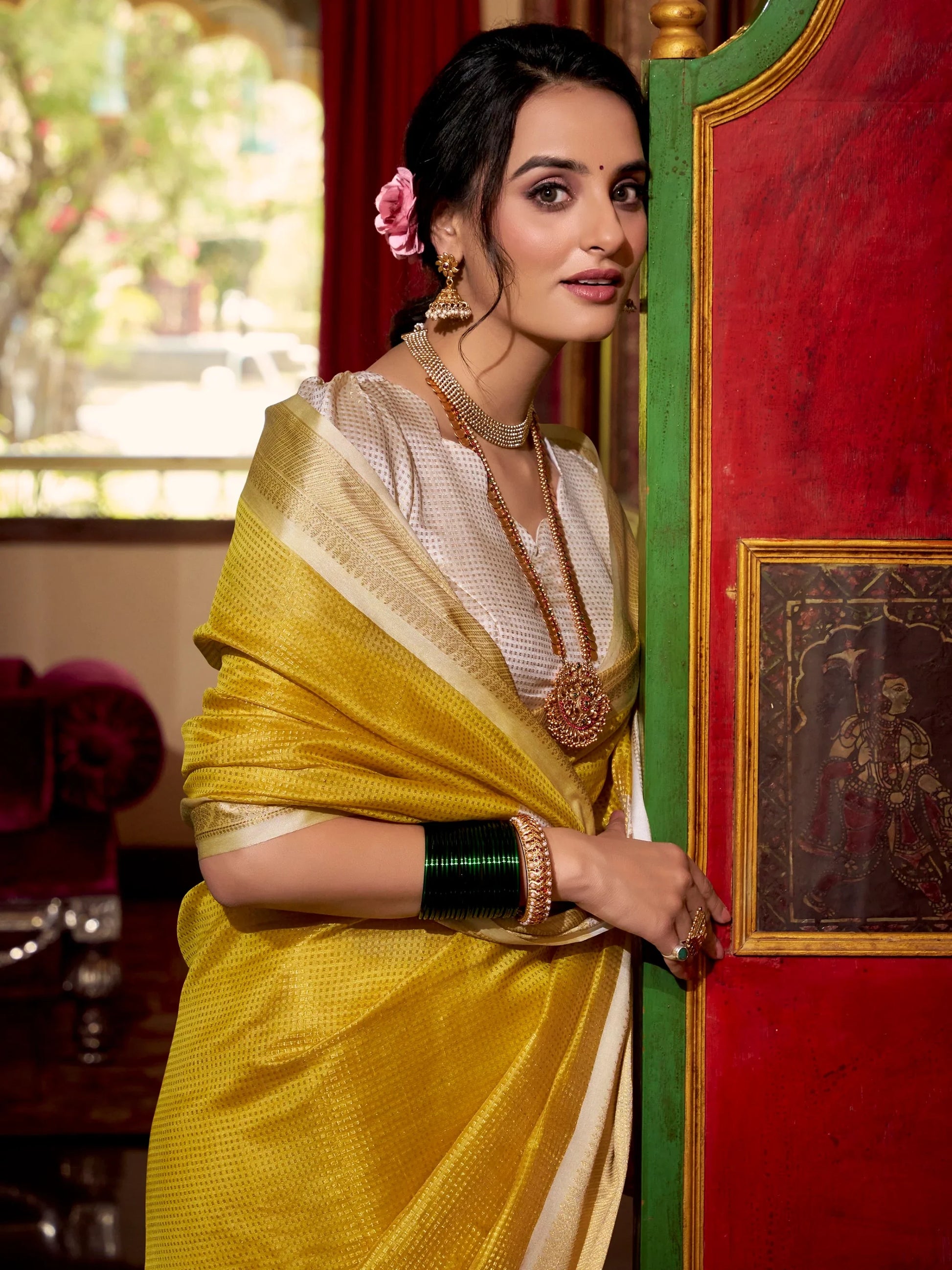 Majestic Yellow Zari Weaving Jacquard Festive Wear Saree With Blouse - Zeel Clothing