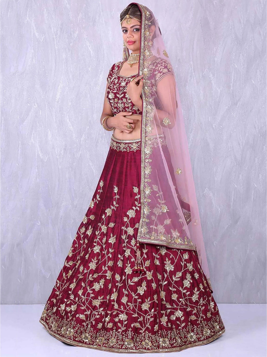 Maroon Applique Embroidery work Banglory Silk Lehenga Choli