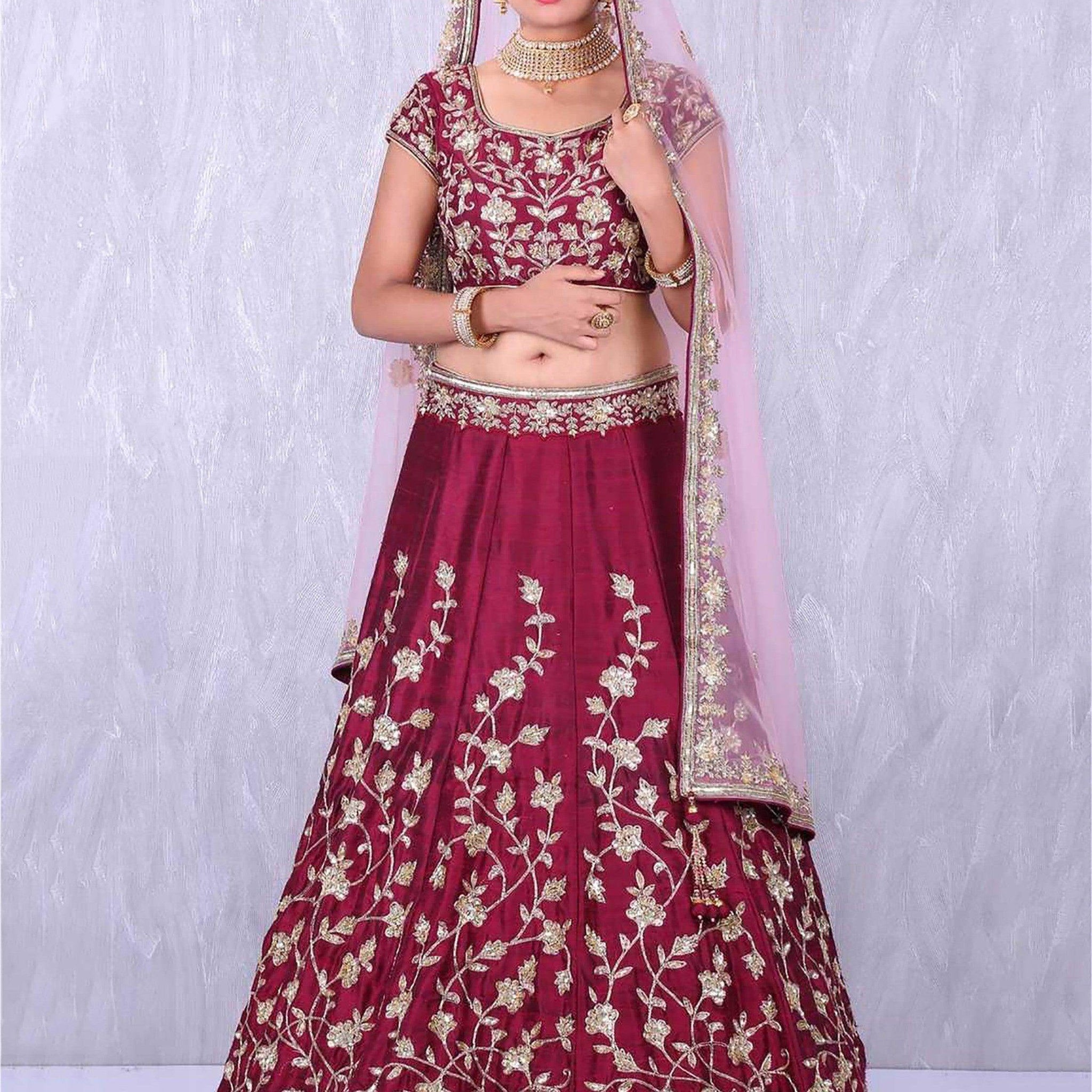 Maroon Applique Embroidery work Banglory Silk Lehenga Choli - Zeel Clothing