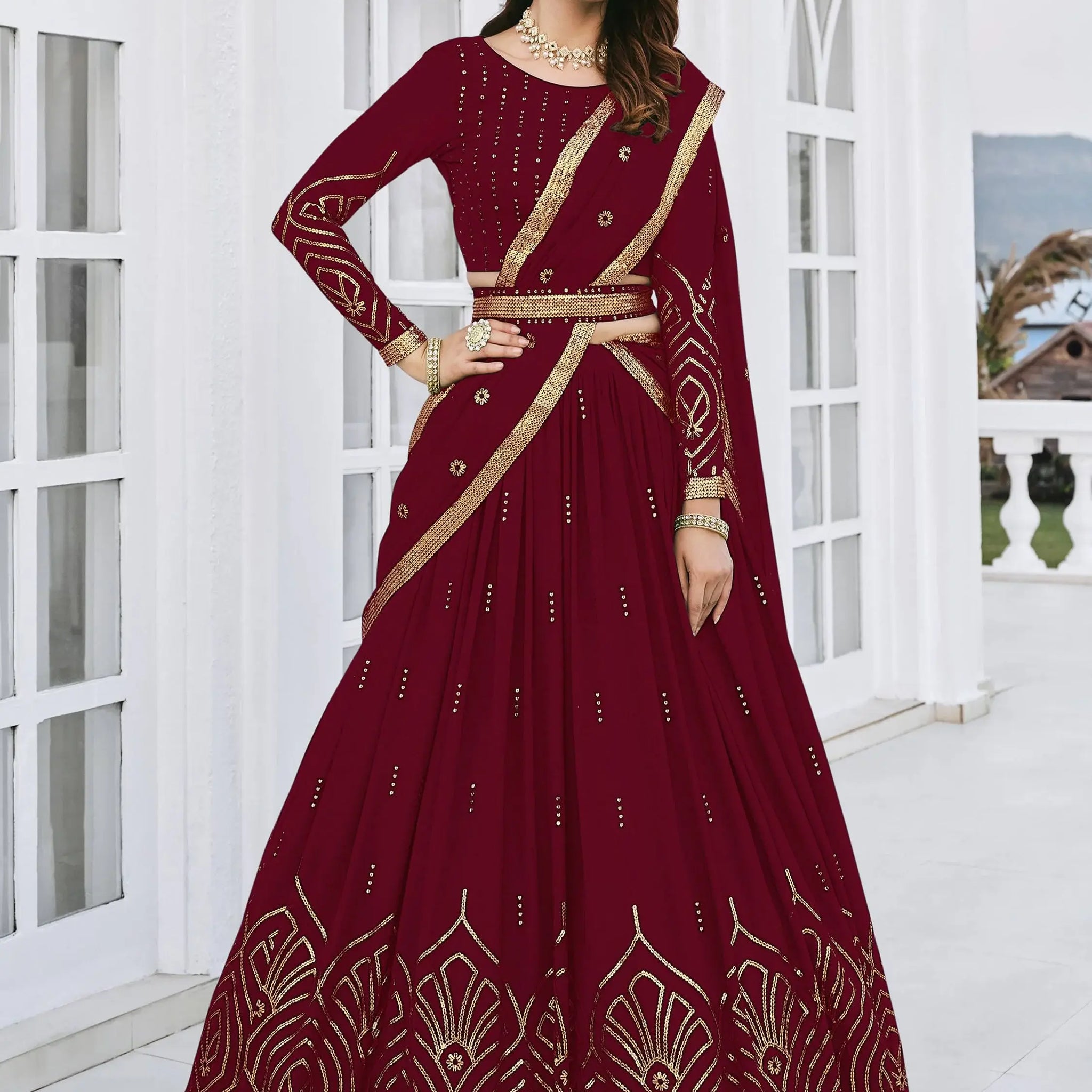 Maroon Sequins Georgette Wedding Wear Lehenga Choli - Zeel Clothing