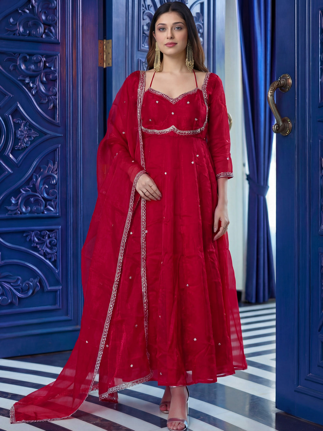 Beautiful Maroon Zari Embroidered Silk Marriage Wear Anarkali Gown With Dupatta