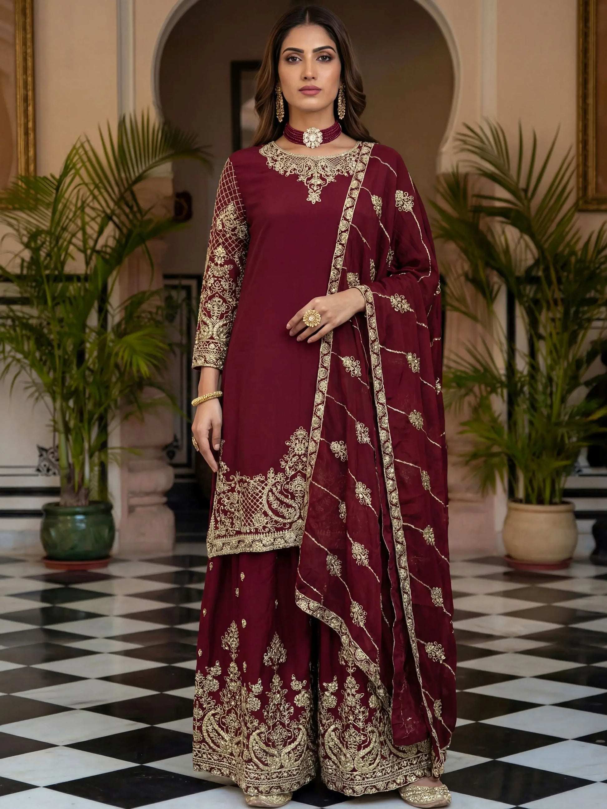 Lovable Maroon Codding Embroidery Chinon Wedding Wear Palazzo Suit