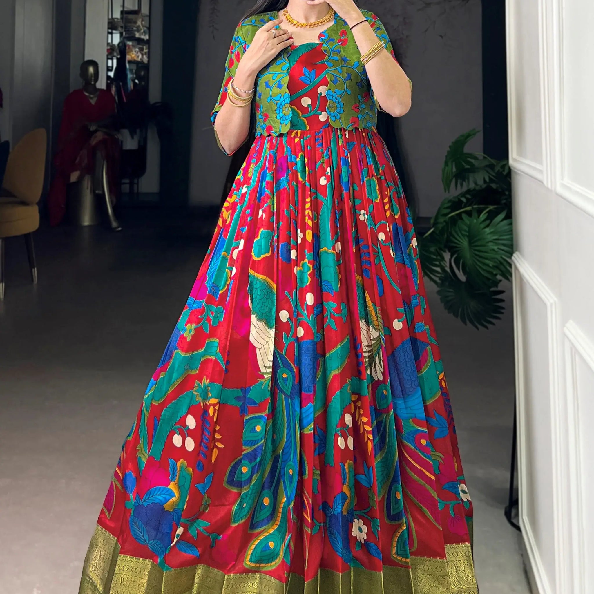 Delightful Maroon Kalamkari Print Tussar Silk Marriage Wear Gown With Jacket