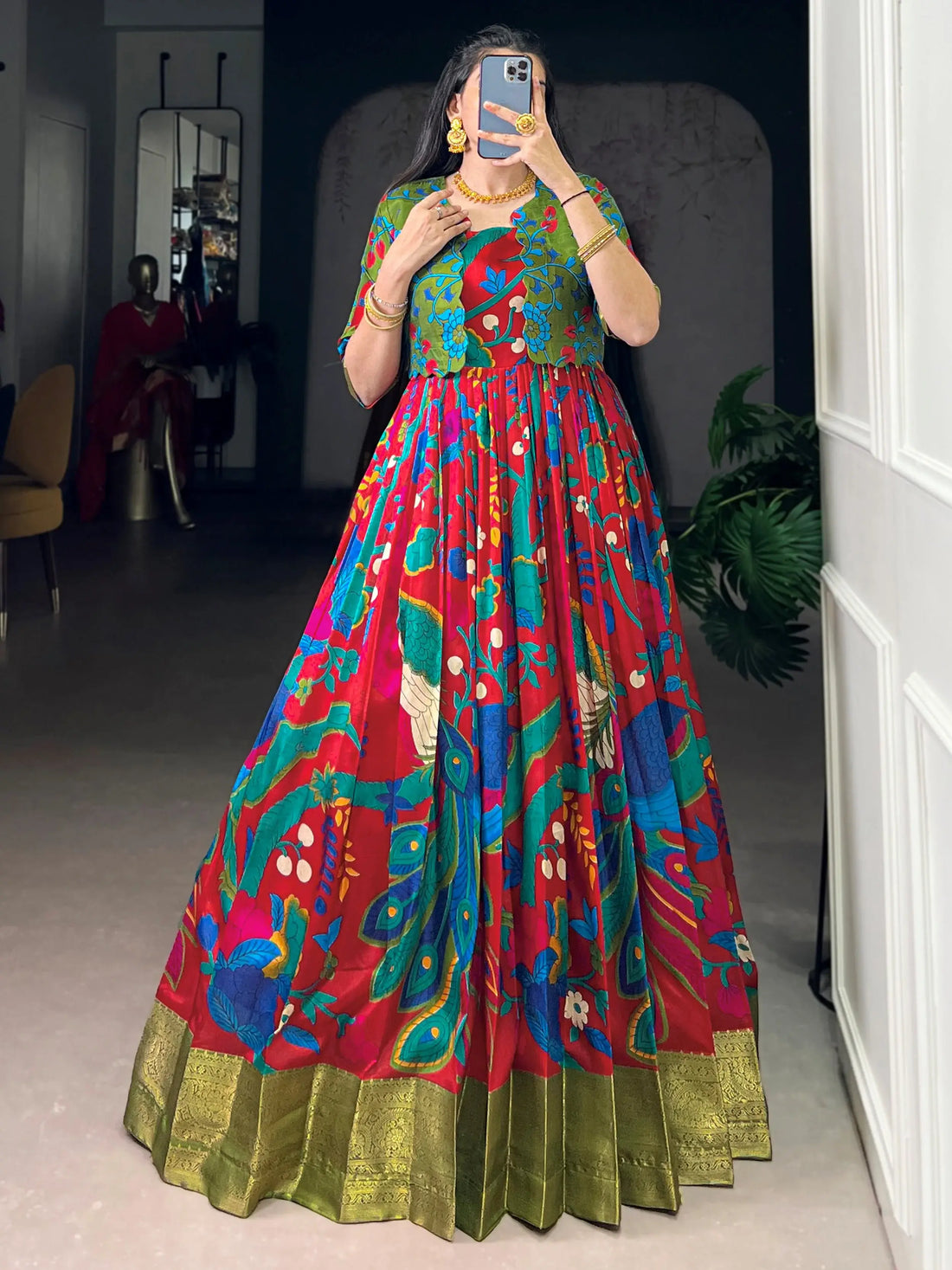 Delightful Maroon Kalamkari Print Tussar Silk Marriage Wear Gown With Jacket