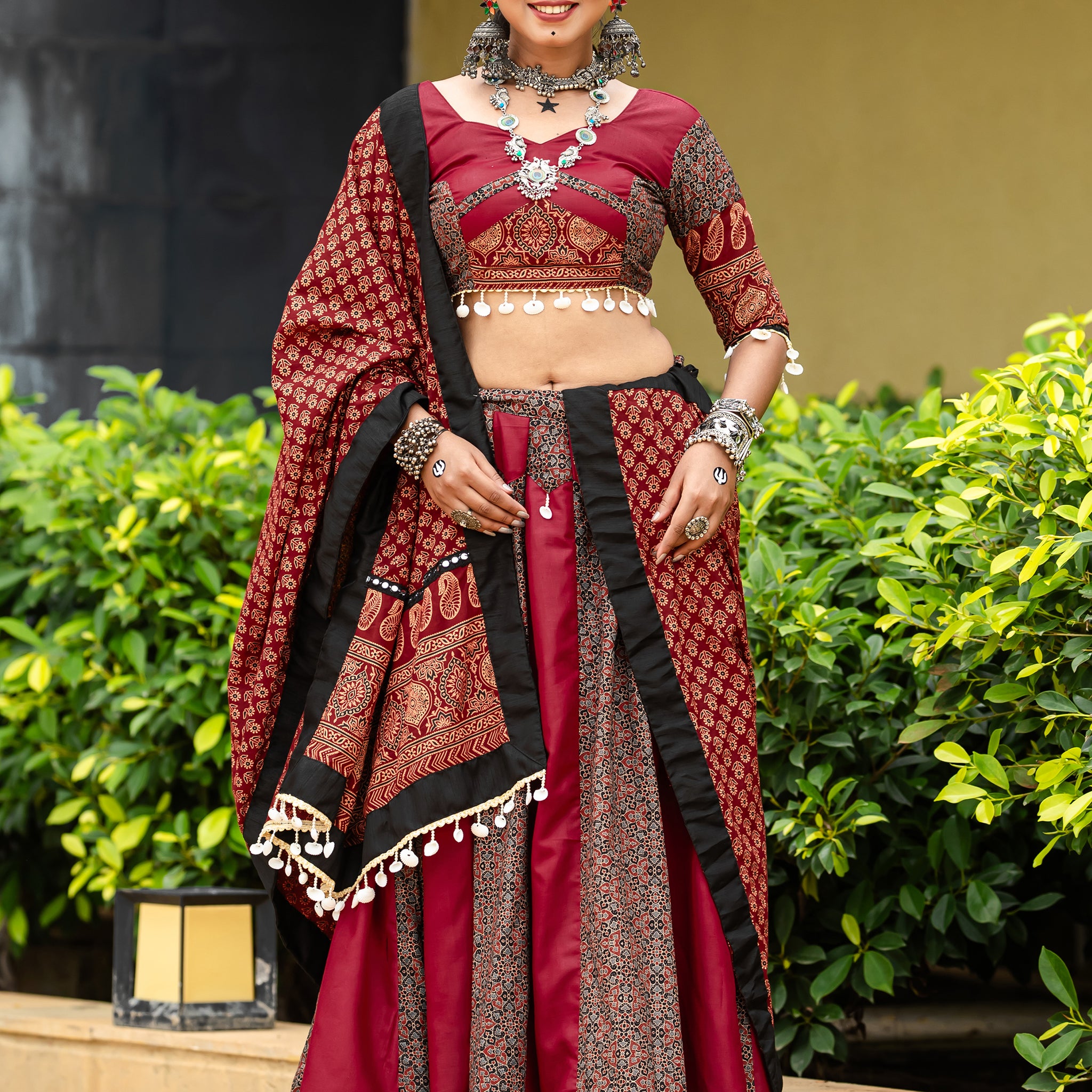 Dazzling Maroon Printed Cotton Navratri Lehenga Choli With Dupatta