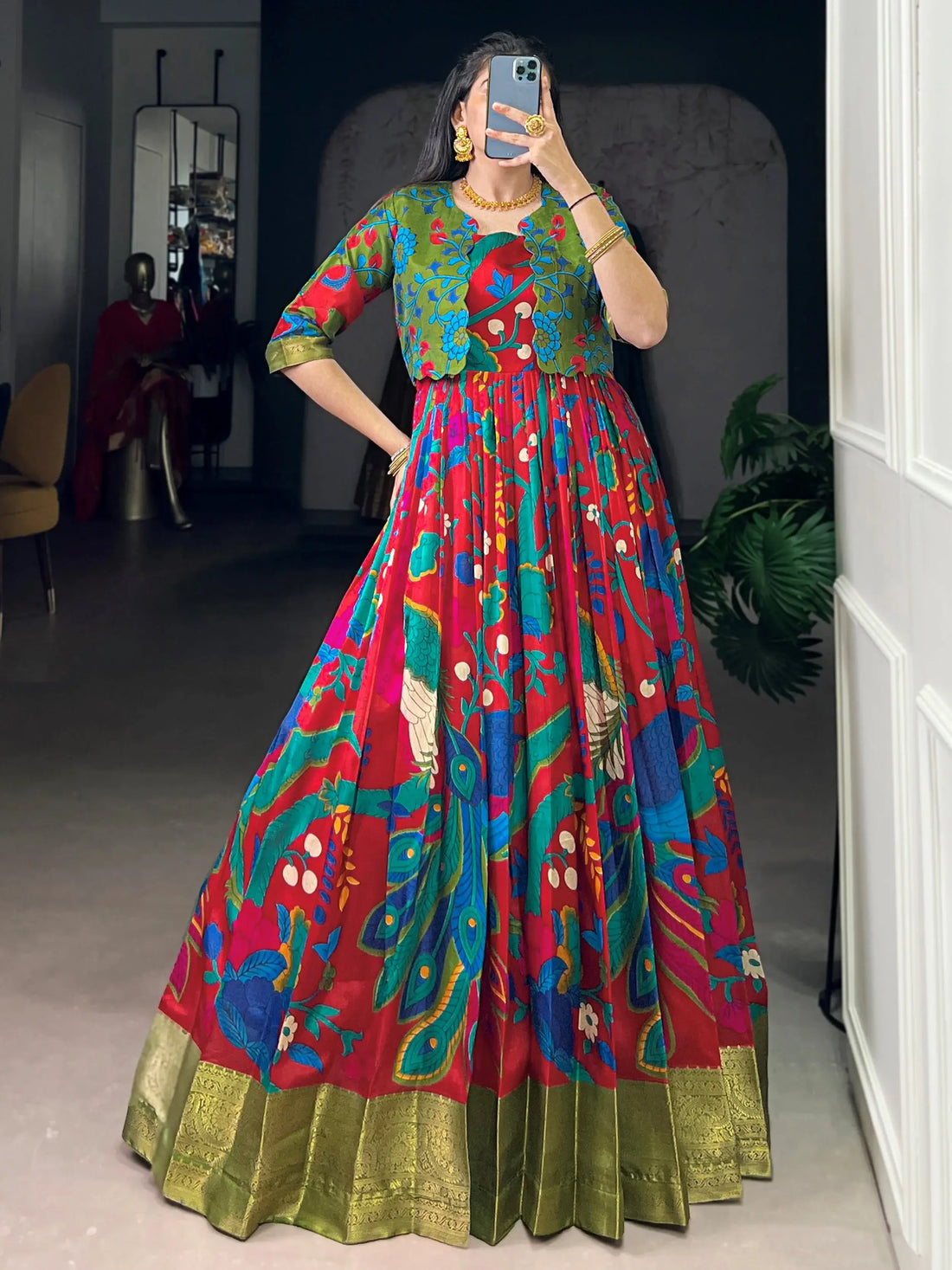 Delightful Maroon Kalamkari Print Tussar Silk Marriage Wear Gown With Jacket