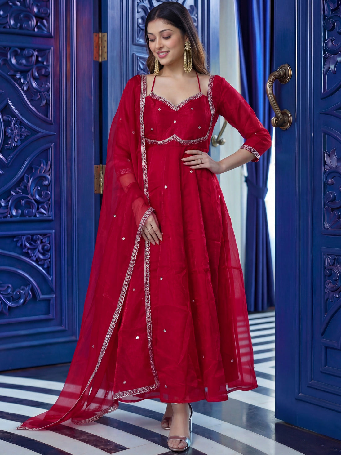 Beautiful Maroon Zari Embroidered Silk Marriage Wear Anarkali Gown With Dupatta