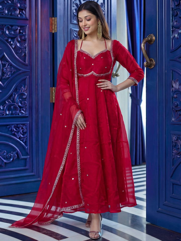Beautiful Maroon Zari Embroidered Silk Marriage Wear Anarkali Gown With Dupatta