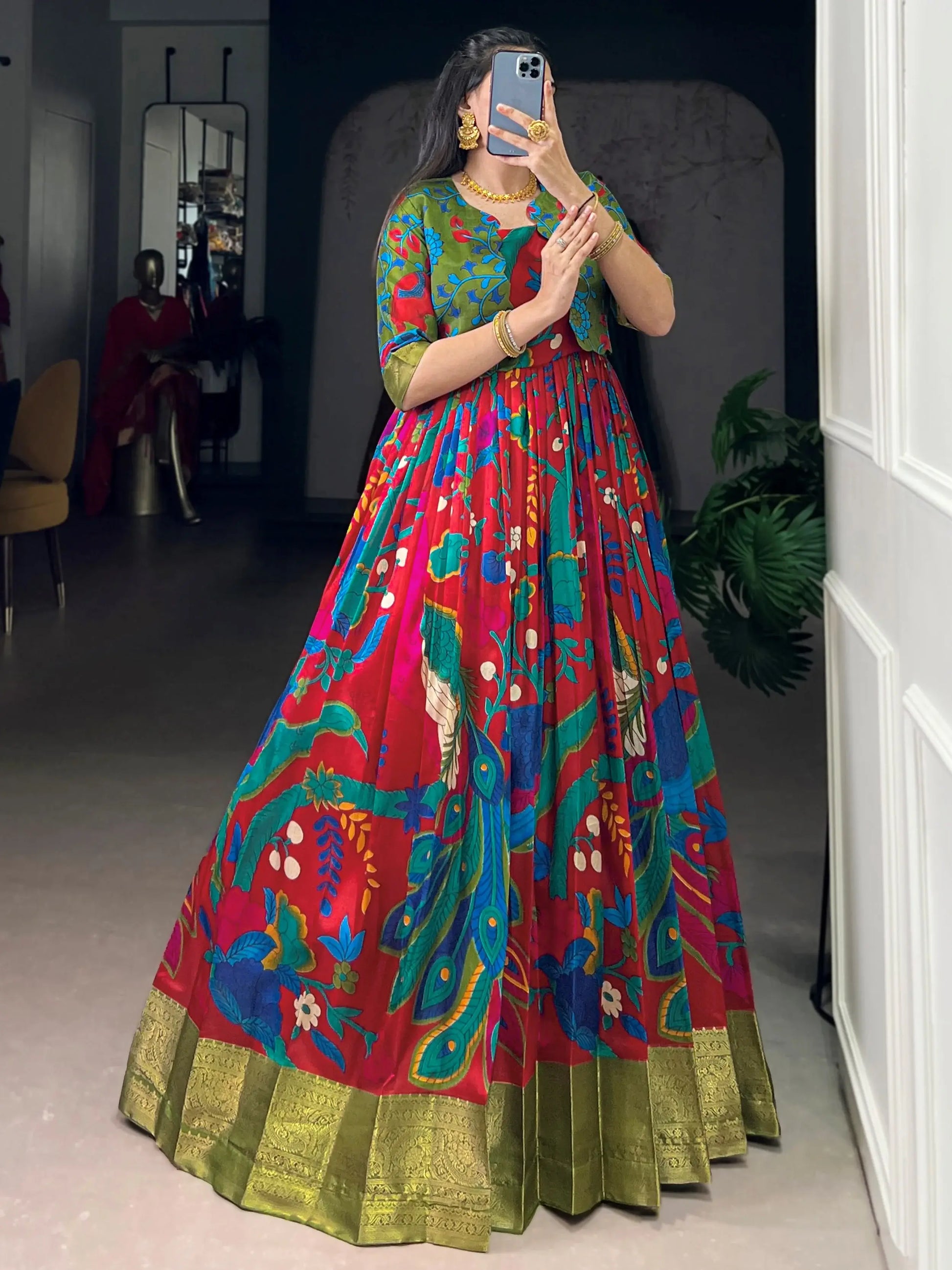 Delightful Maroon Kalamkari Print Tussar Silk Marriage Wear Gown With Jacket