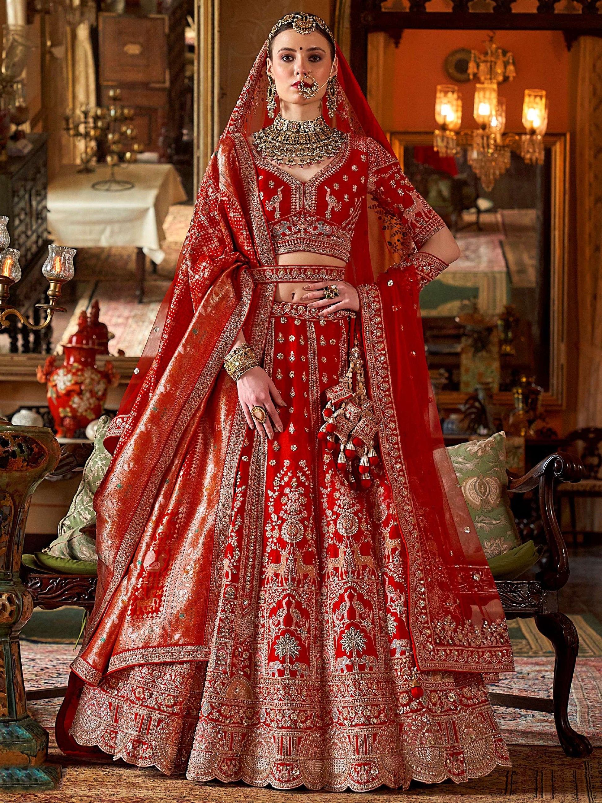 Marvellous Red Pearl Embroidered Silk Bridal Lehenga Choli With Double Dupatta