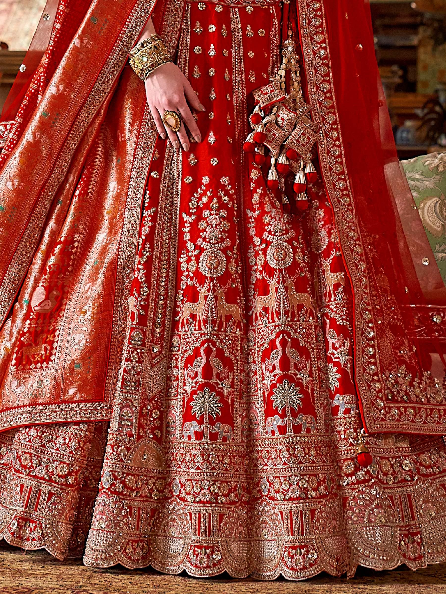 Marvellous Red Pearl Embroidered Silk Bridal Lehenga Choli With Double Dupatta