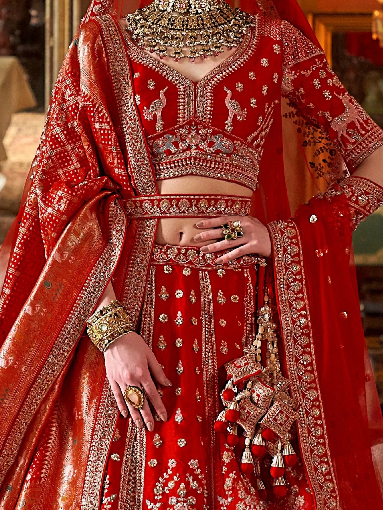 Marvellous Red Pearl Embroidered Silk Bridal Lehenga Choli With Double Dupatta