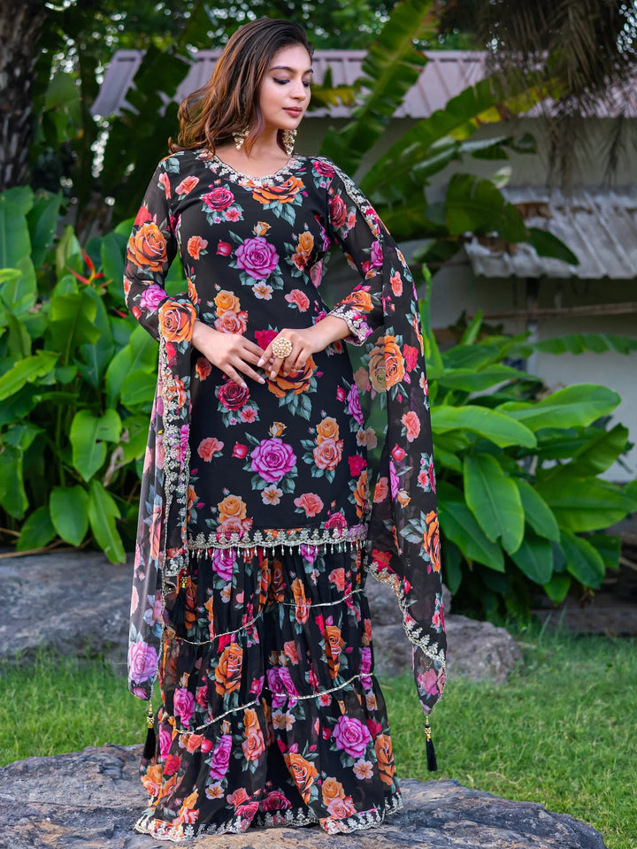Marvelous Black Floral Printed Georgette Event Wear Sharara Suit - Zeel Clothing