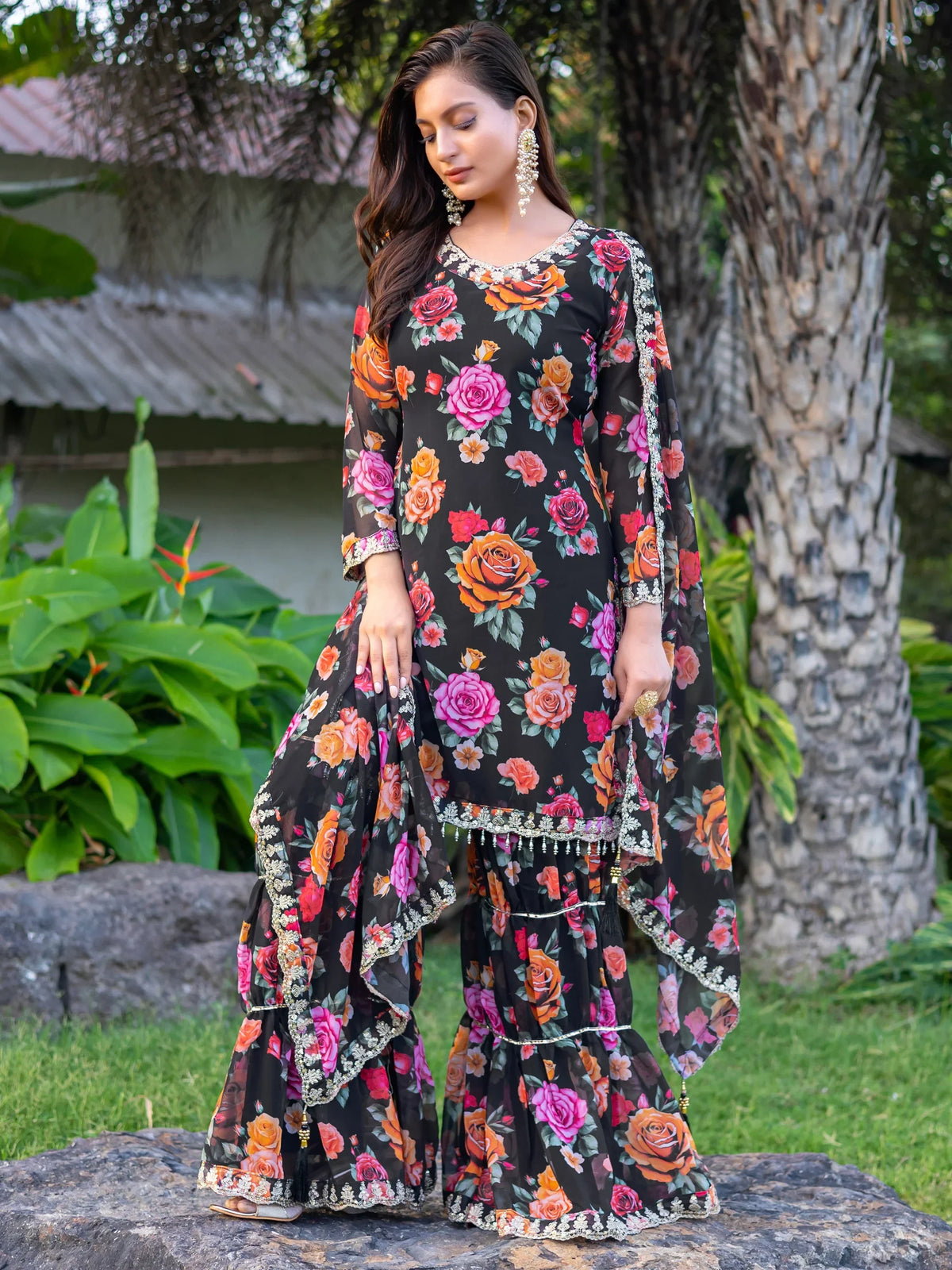 Marvelous Black Floral Printed Georgette Event Wear Sharara Suit - Zeel Clothing