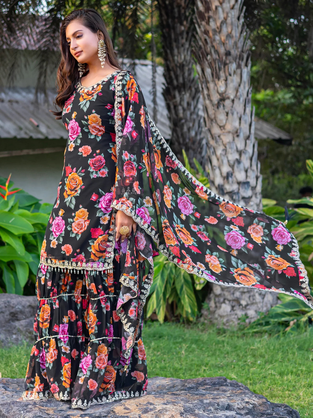 Marvelous Black Floral Printed Georgette Event Wear Sharara Suit - Zeel Clothing