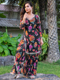 Marvelous Black Floral Printed Georgette Event Wear Sharara Suit - Zeel Clothing