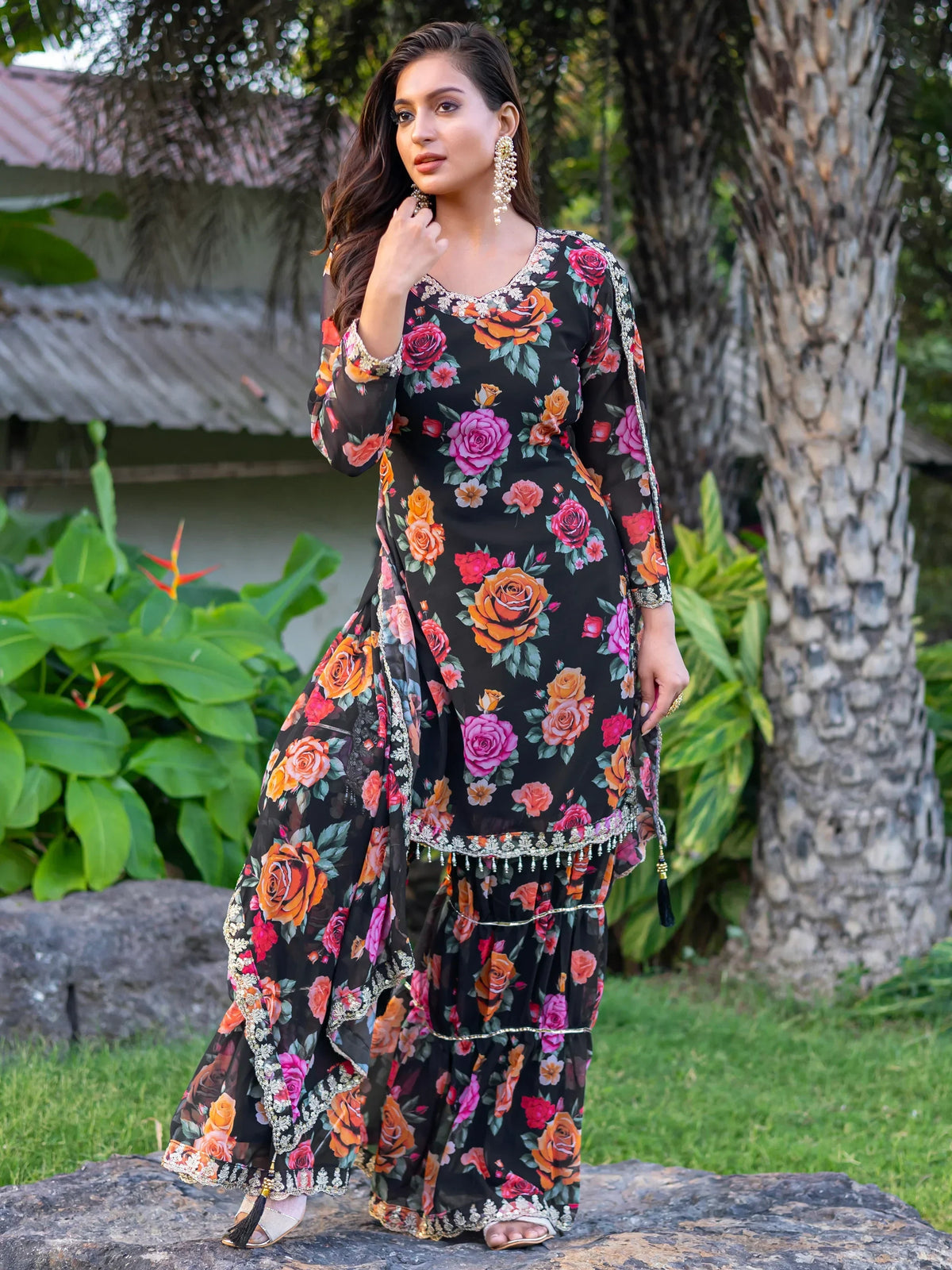 Marvelous Black Floral Printed Georgette Event Wear Sharara Suit - Zeel Clothing