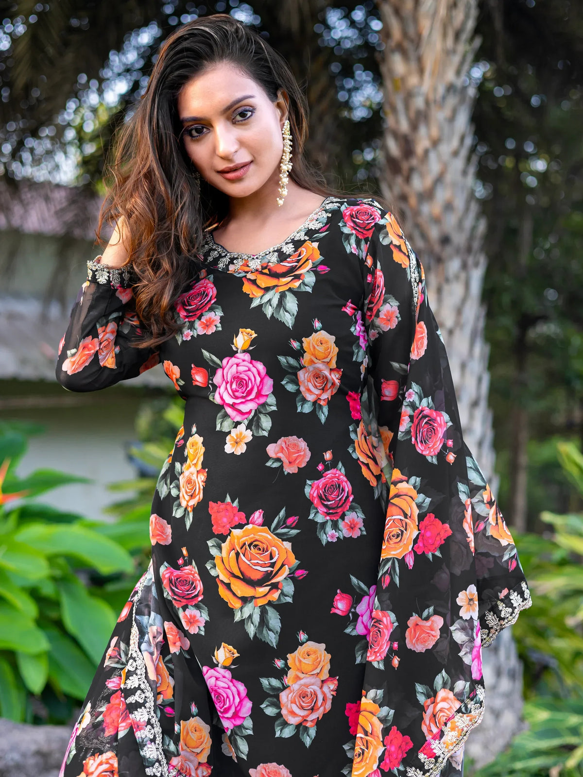 Marvelous Black Floral Printed Georgette Event Wear Sharara Suit - Zeel Clothing