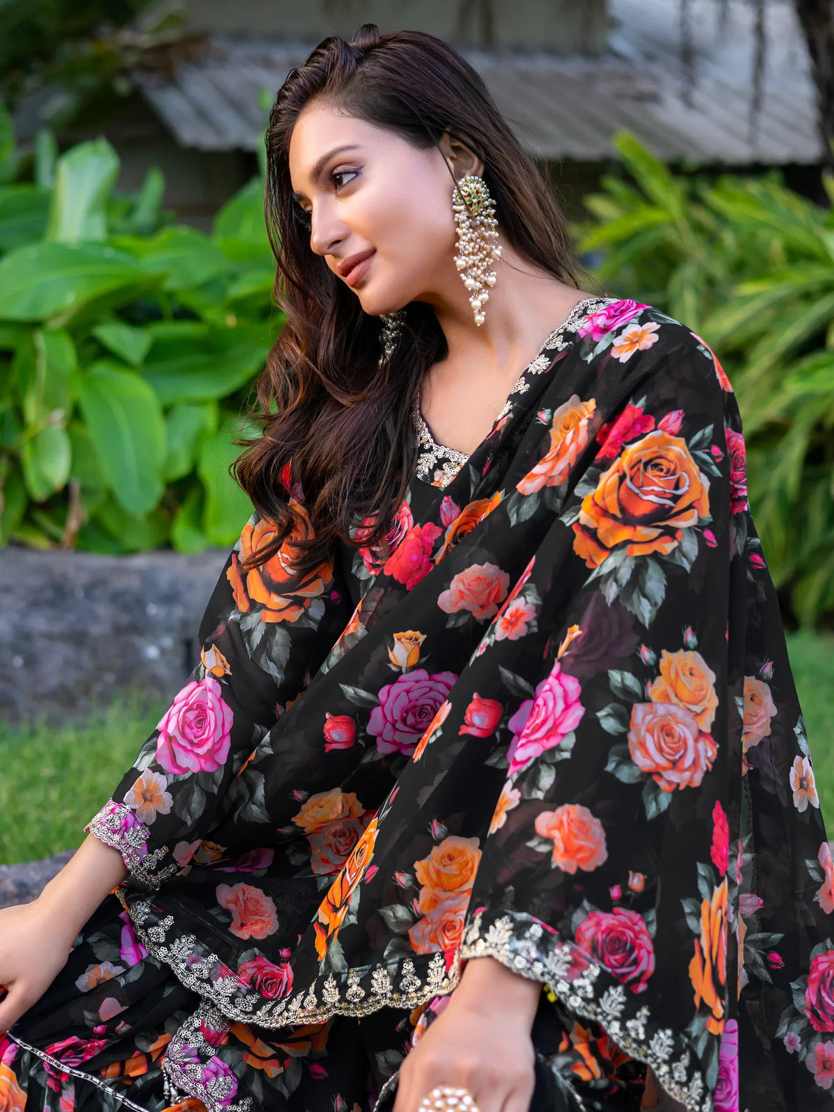 Marvelous Black Floral Printed Georgette Event Wear Sharara Suit - Zeel Clothing