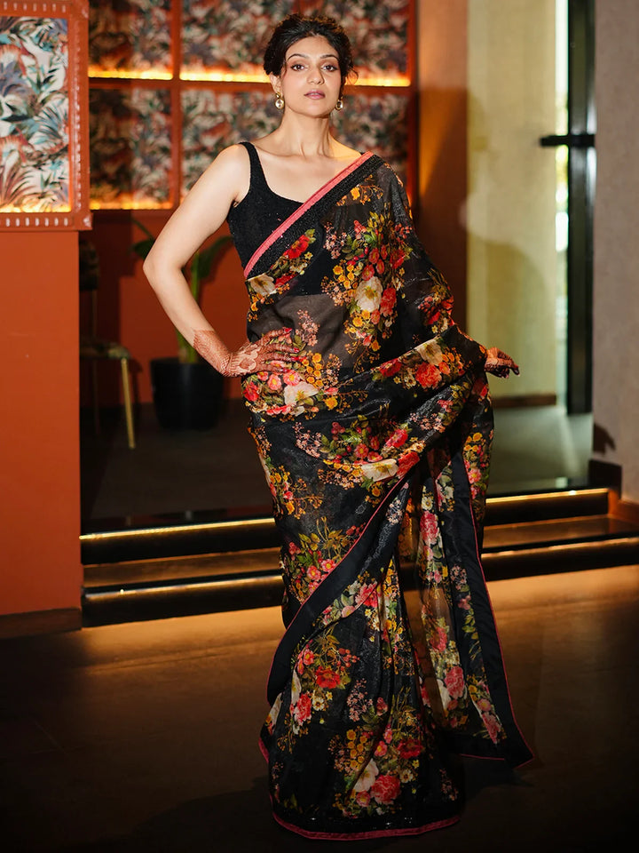 Marvelous Black Floral Printed Organza Cocktail Party Wear Saree - Zeel Clothing