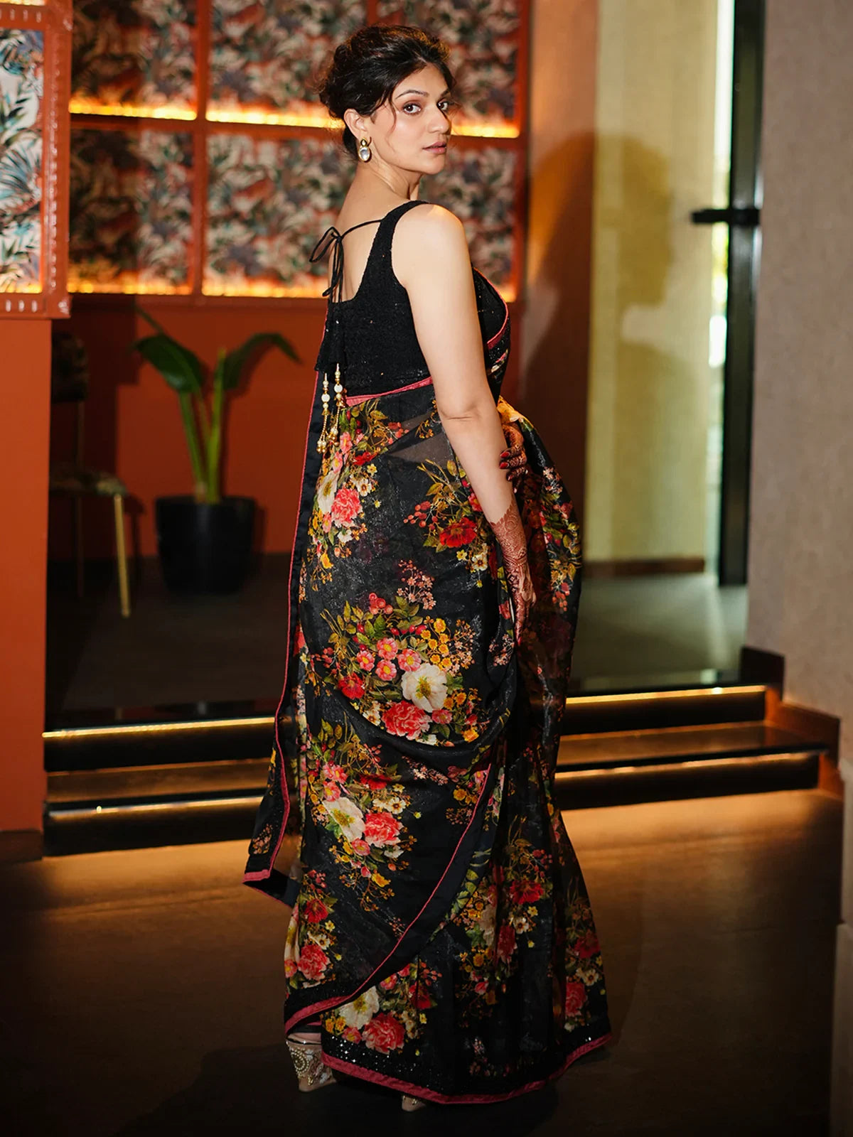 Marvelous Black Floral Printed Organza Cocktail Party Wear Saree - Zeel Clothing