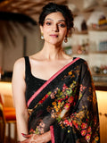 Marvelous Black Floral Printed Organza Cocktail Party Wear Saree - Zeel Clothing