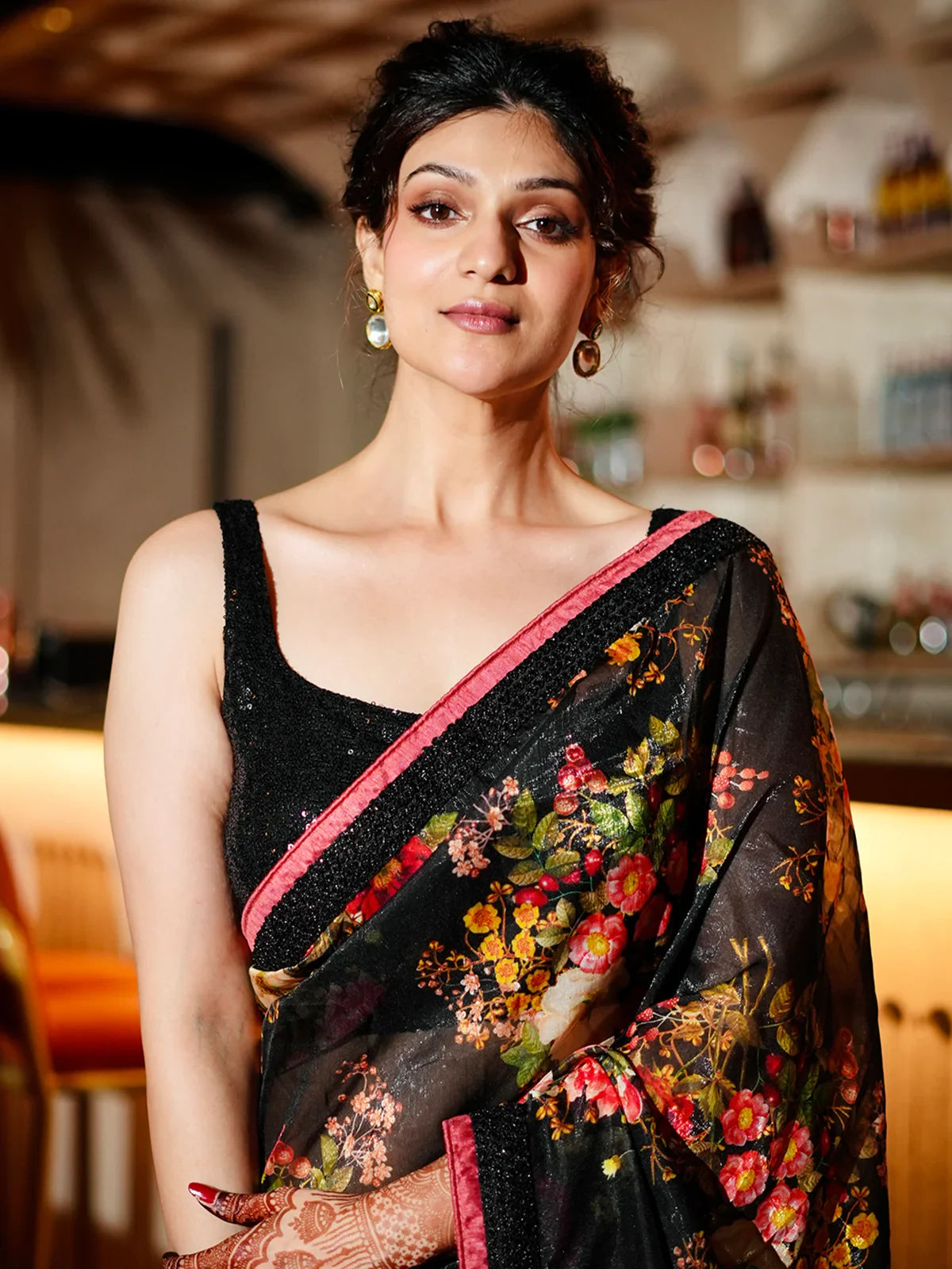 Marvelous Black Floral Printed Organza Cocktail Party Wear Saree - Zeel Clothing