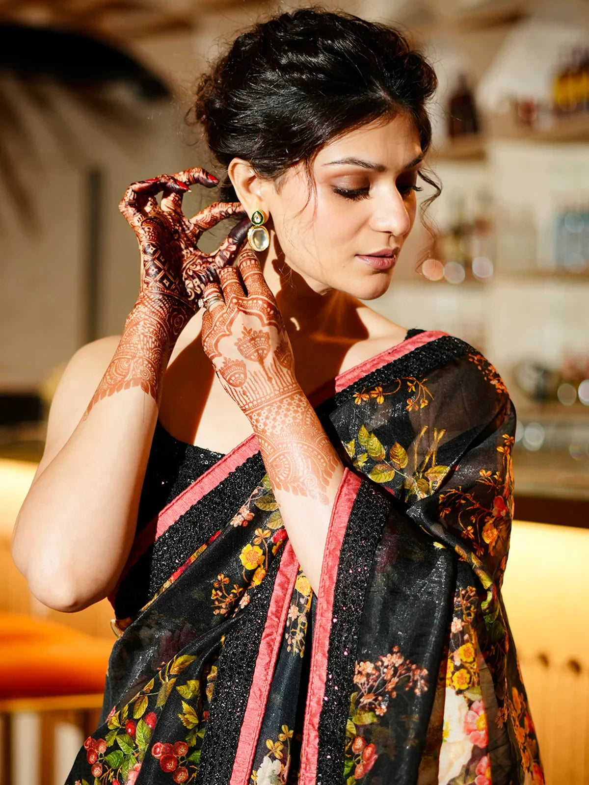 Marvelous Black Floral Printed Organza Cocktail Party Wear Saree - Zeel Clothing