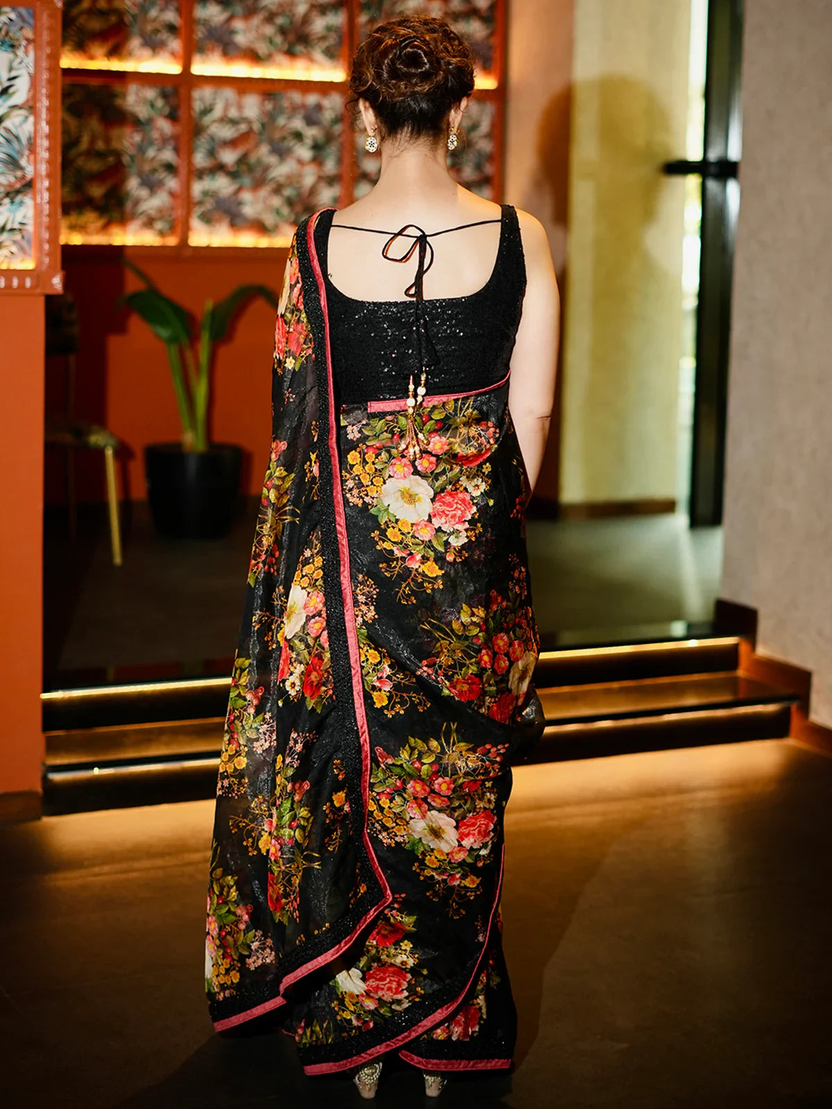 Marvelous Black Floral Printed Organza Cocktail Party Wear Saree - Zeel Clothing
