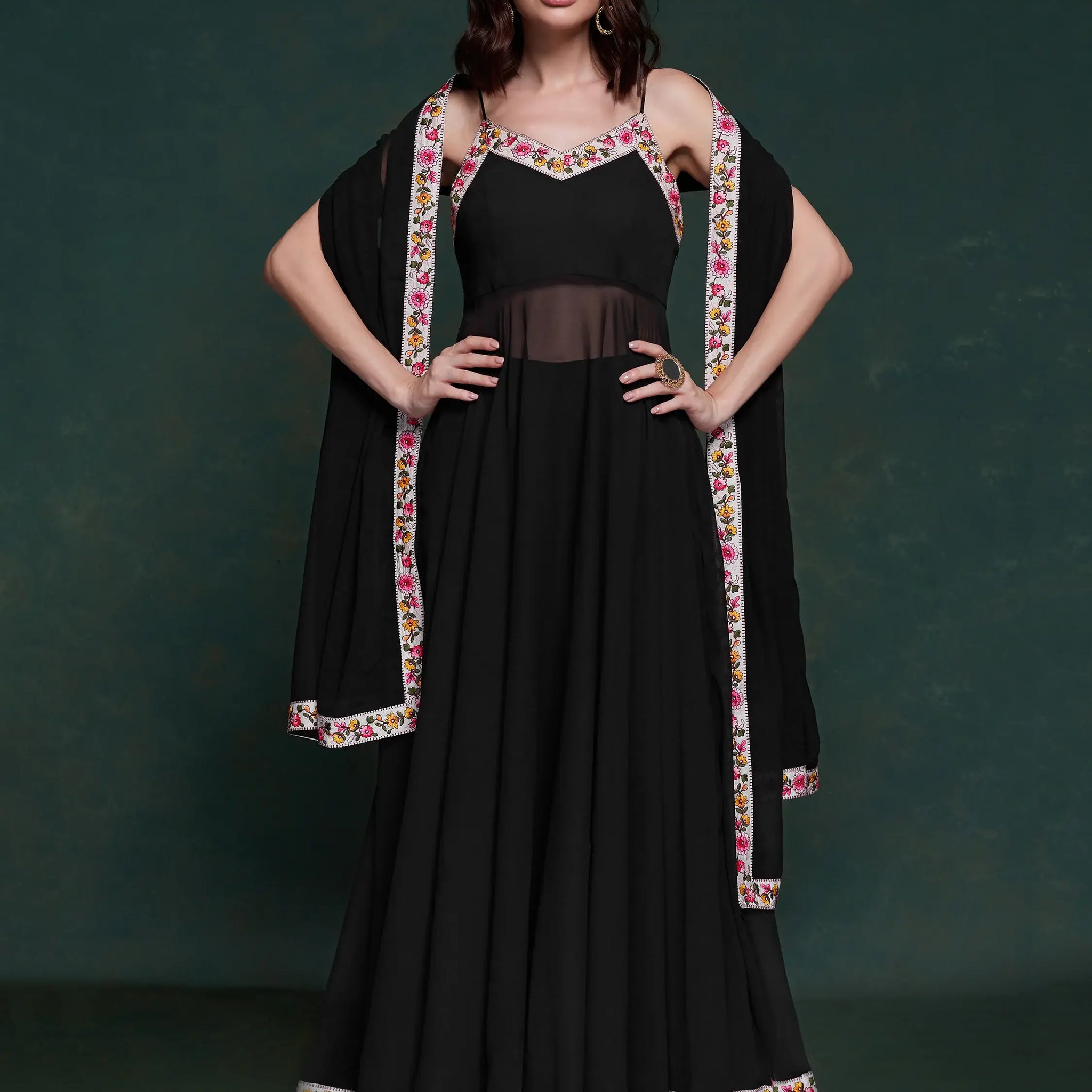 Marvelous Black Georgette Party Wear Long Suit With Dupatta - Zeel Clothing
