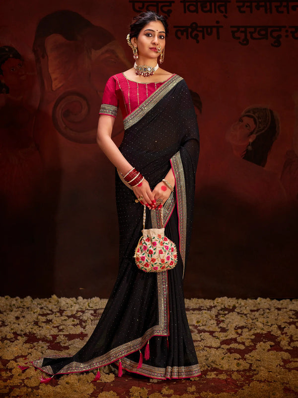 Marvelous Black Heavy Lace Work Silk Reception Wear Saree With Blouse - Zeel Clothing