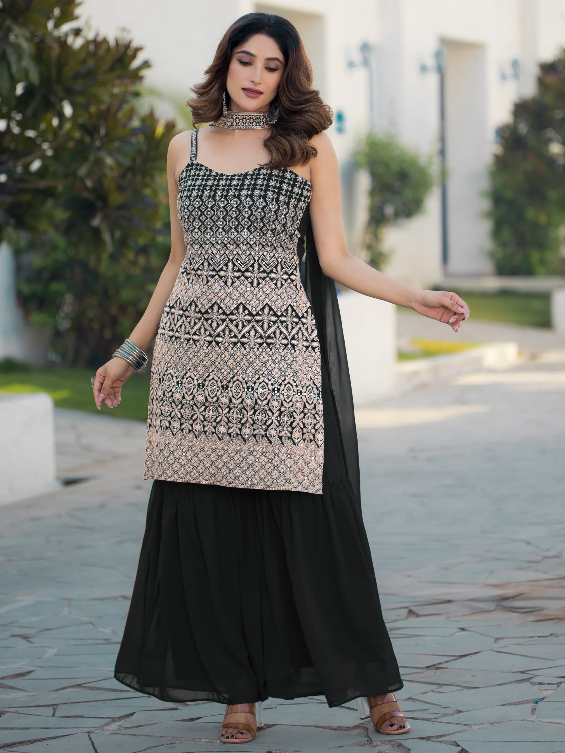 Marvelous Black Thread Embroidered Georgette Sharara Suit With Dupatta - Zeel Clothing