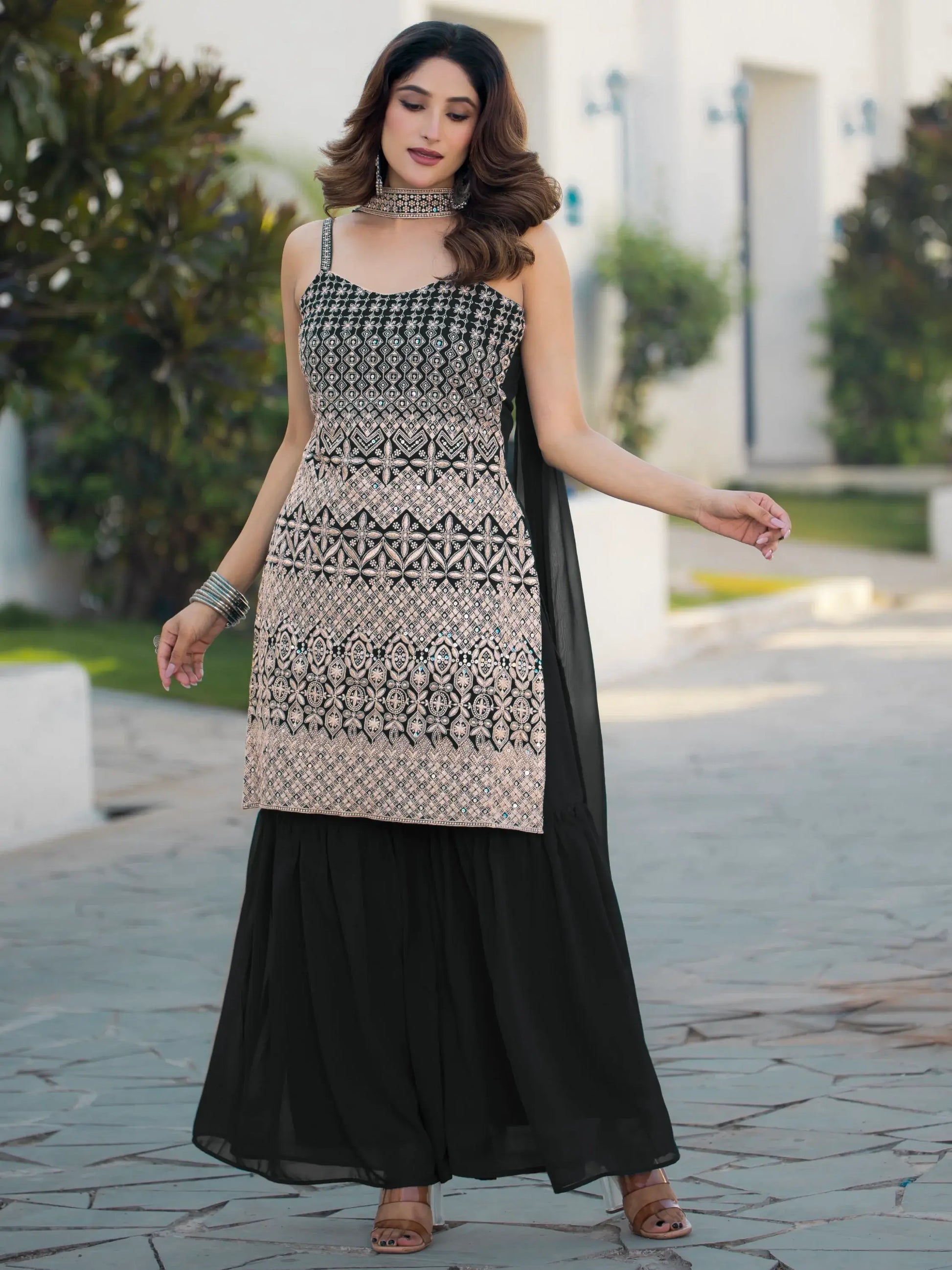 Marvelous Black Thread Embroidered Georgette Sharara Suit With Dupatta - Zeel Clothing