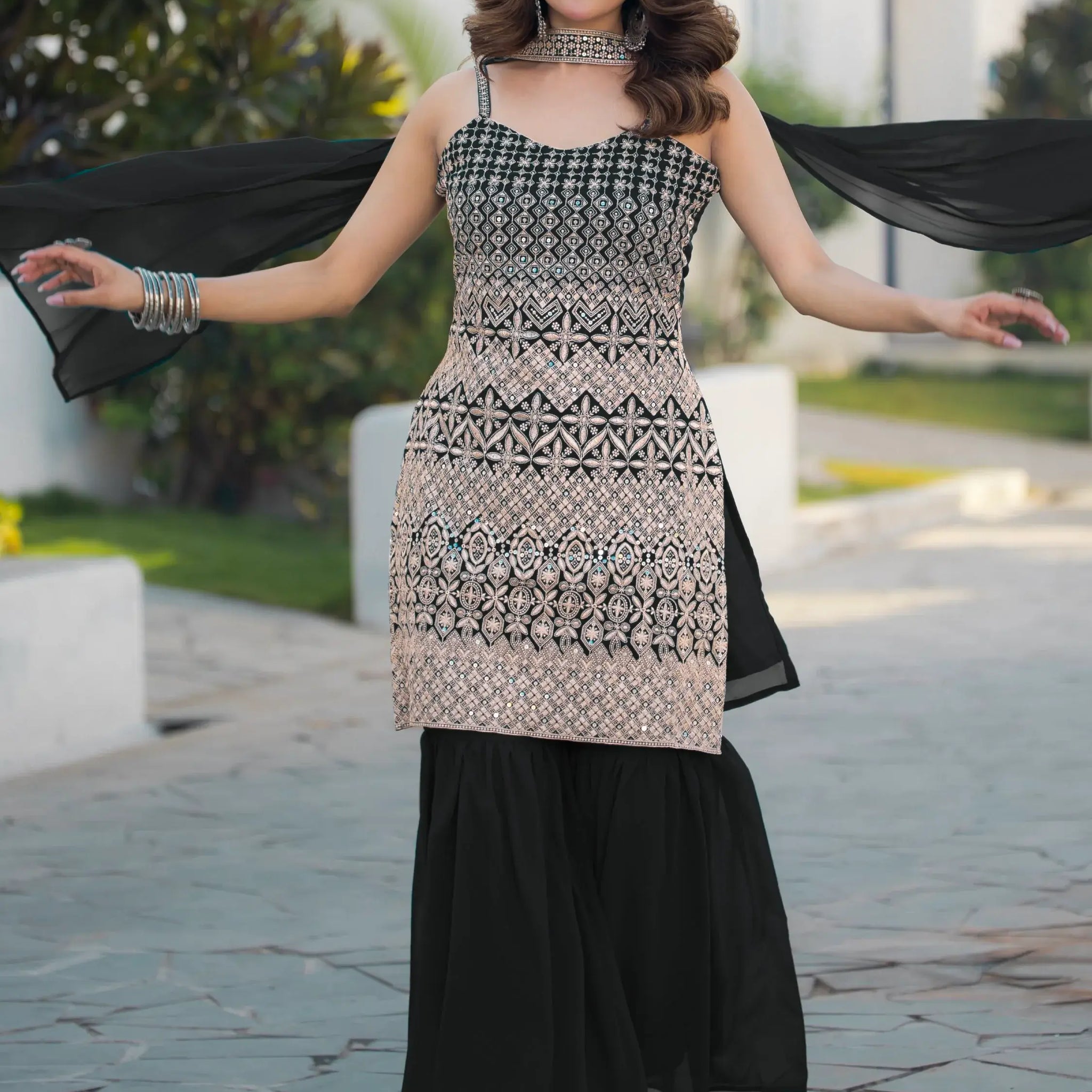 Marvelous Black Thread Embroidered Georgette Sharara Suit With Dupatta - Zeel Clothing