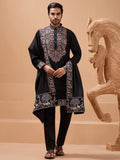 Marvelous Black Thread Work Viscose Silk Party Wear Men Kurta Set With Dupatta