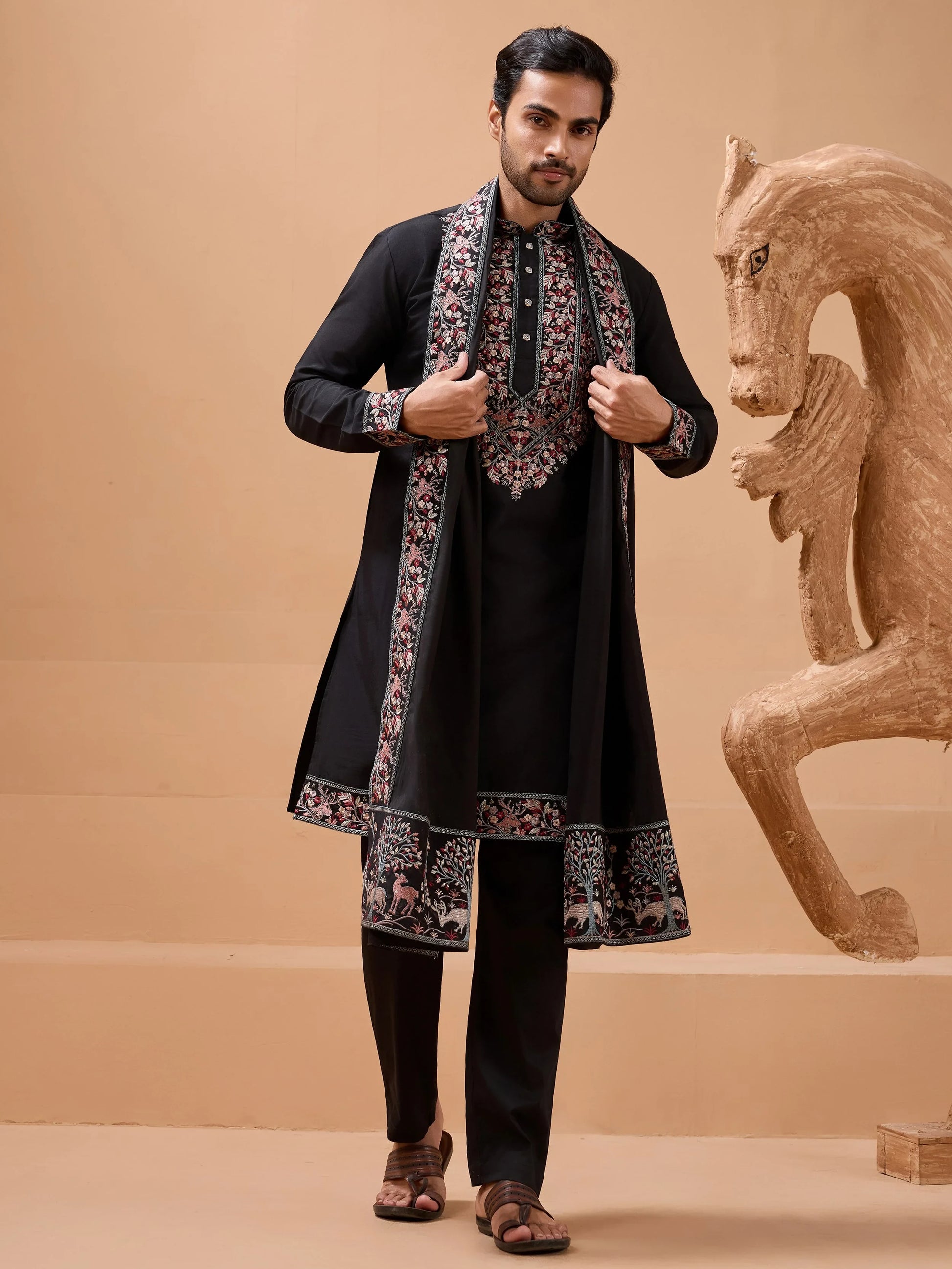 Marvelous Black Thread Work Viscose Silk Party Wear Men Kurta Set With Dupatta