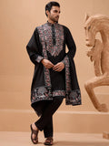 Marvelous Black Thread Work Viscose Silk Party Wear Men Kurta Set With Dupatta