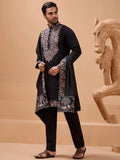 Marvelous Black Thread Work Viscose Silk Party Wear Men Kurta Set With Dupatta