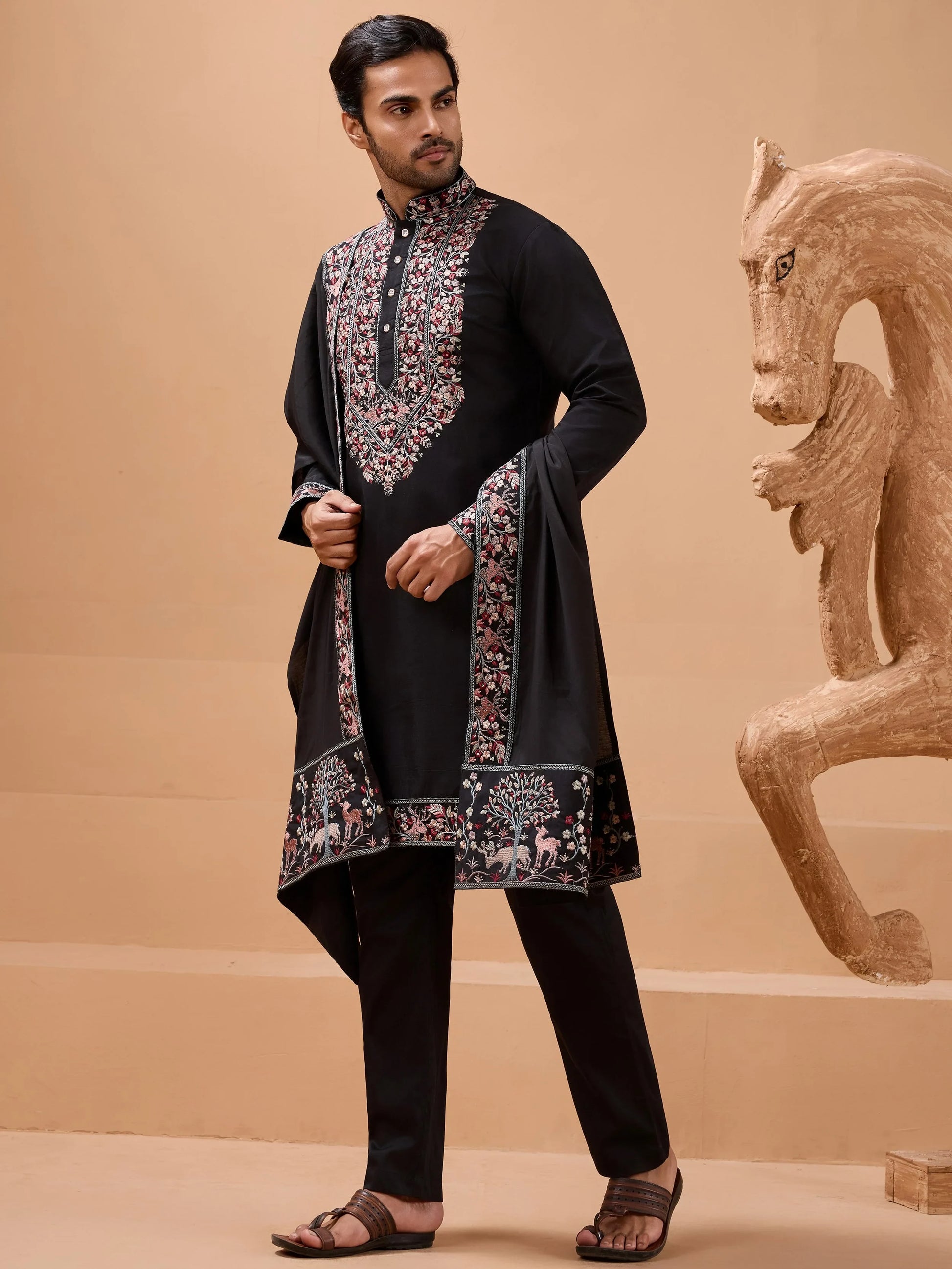 Marvelous Black Thread Work Viscose Silk Party Wear Men Kurta Set With Dupatta