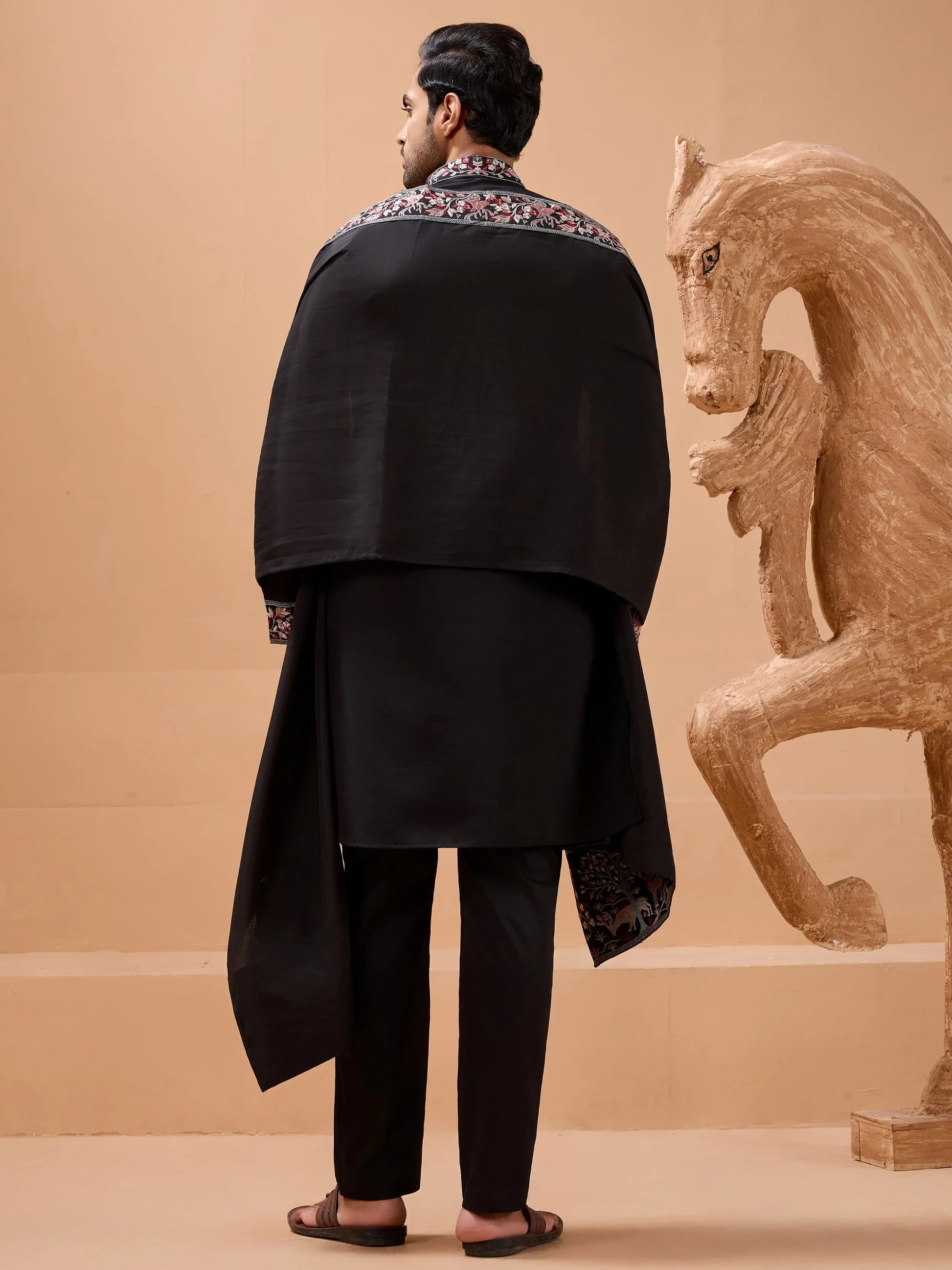 Marvelous Black Thread Work Viscose Silk Party Wear Men Kurta Set With Dupatta