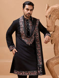 Marvelous Black Thread Work Viscose Silk Party Wear Men Kurta Set With Dupatta