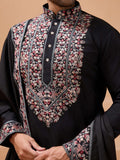 Marvelous Black Thread Work Viscose Silk Party Wear Men Kurta Set With Dupatta