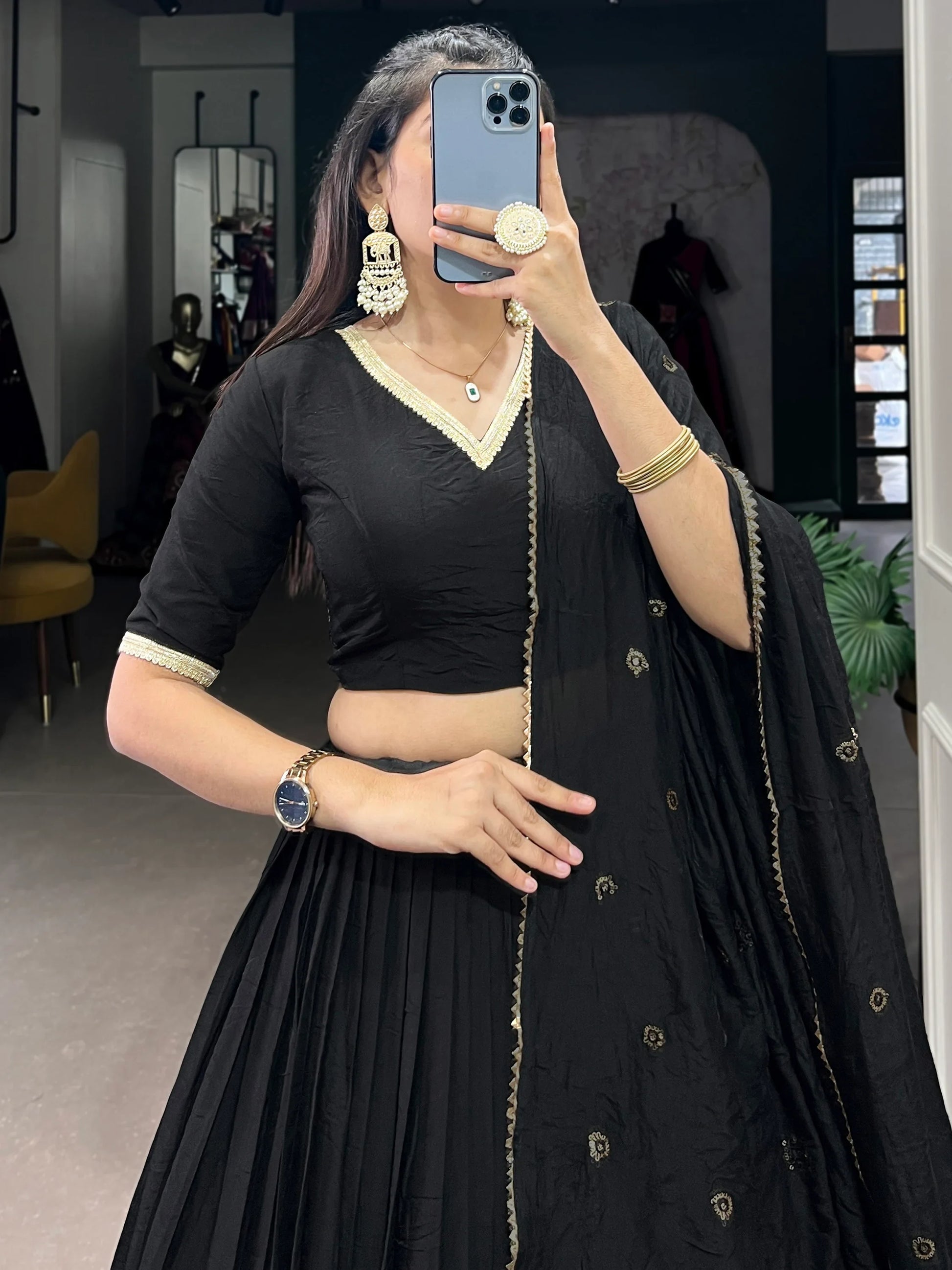 Marvelous Black Zari Weaving Chanderi Sangeet Wear Lehenga Choli - Zeel Clothing