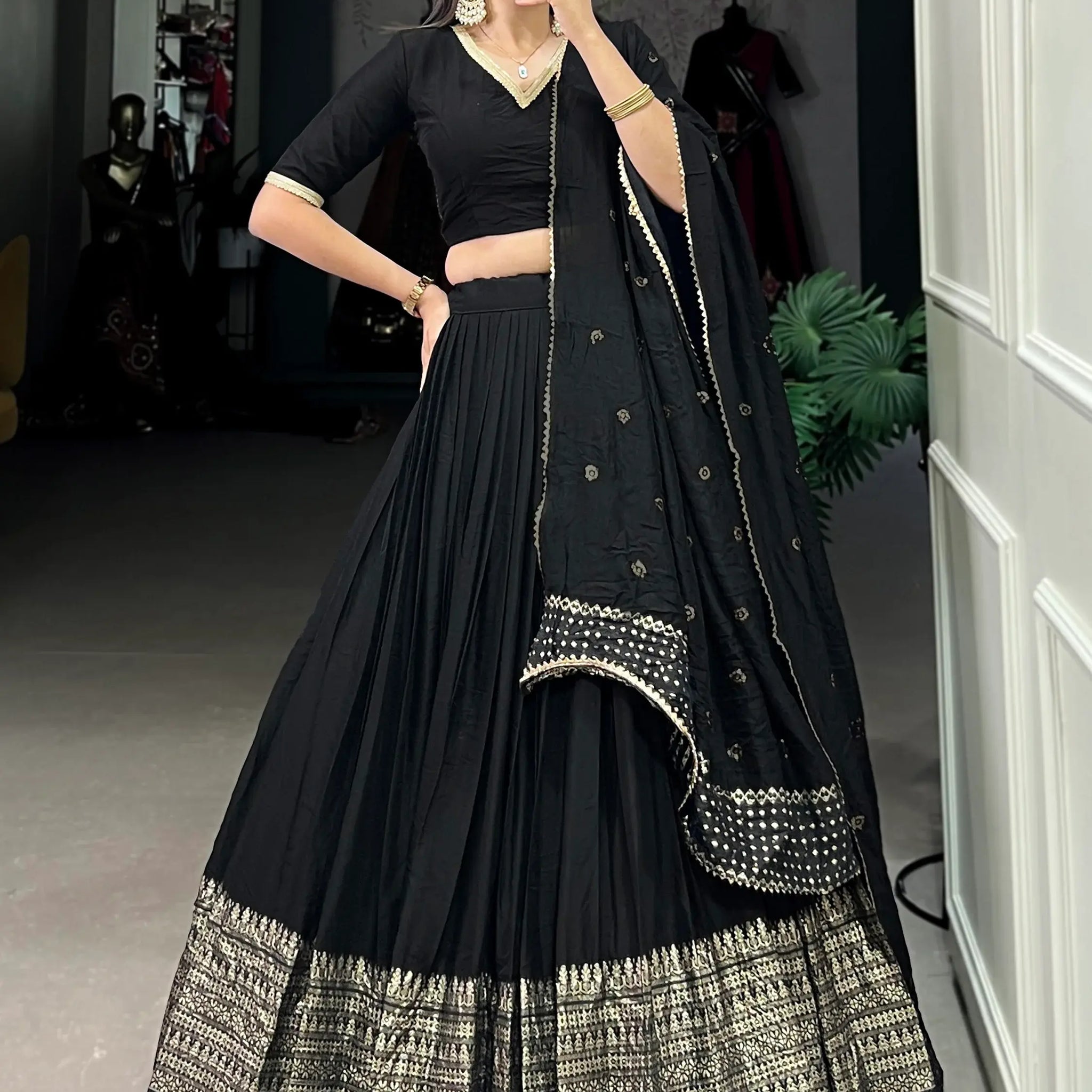 Marvelous Black Zari Weaving Chanderi Sangeet Wear Lehenga Choli - Zeel Clothing