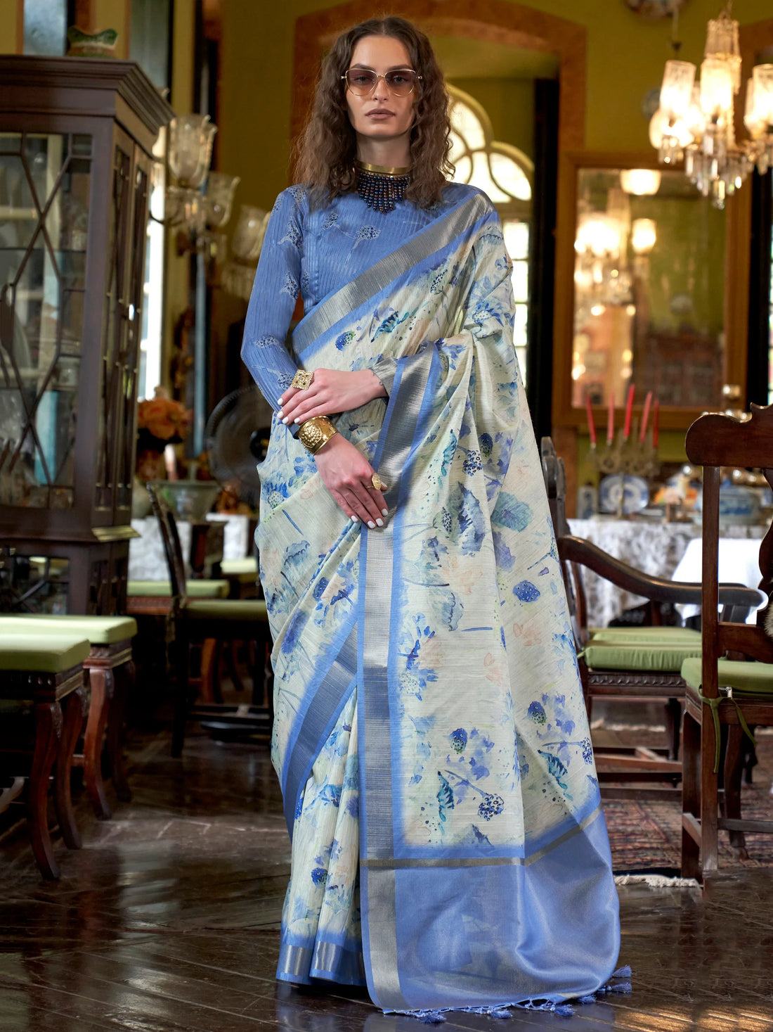 Marvelous Blue & Off-White Printed Banarasi Silk Saree With Blouse - Zeel Clothing