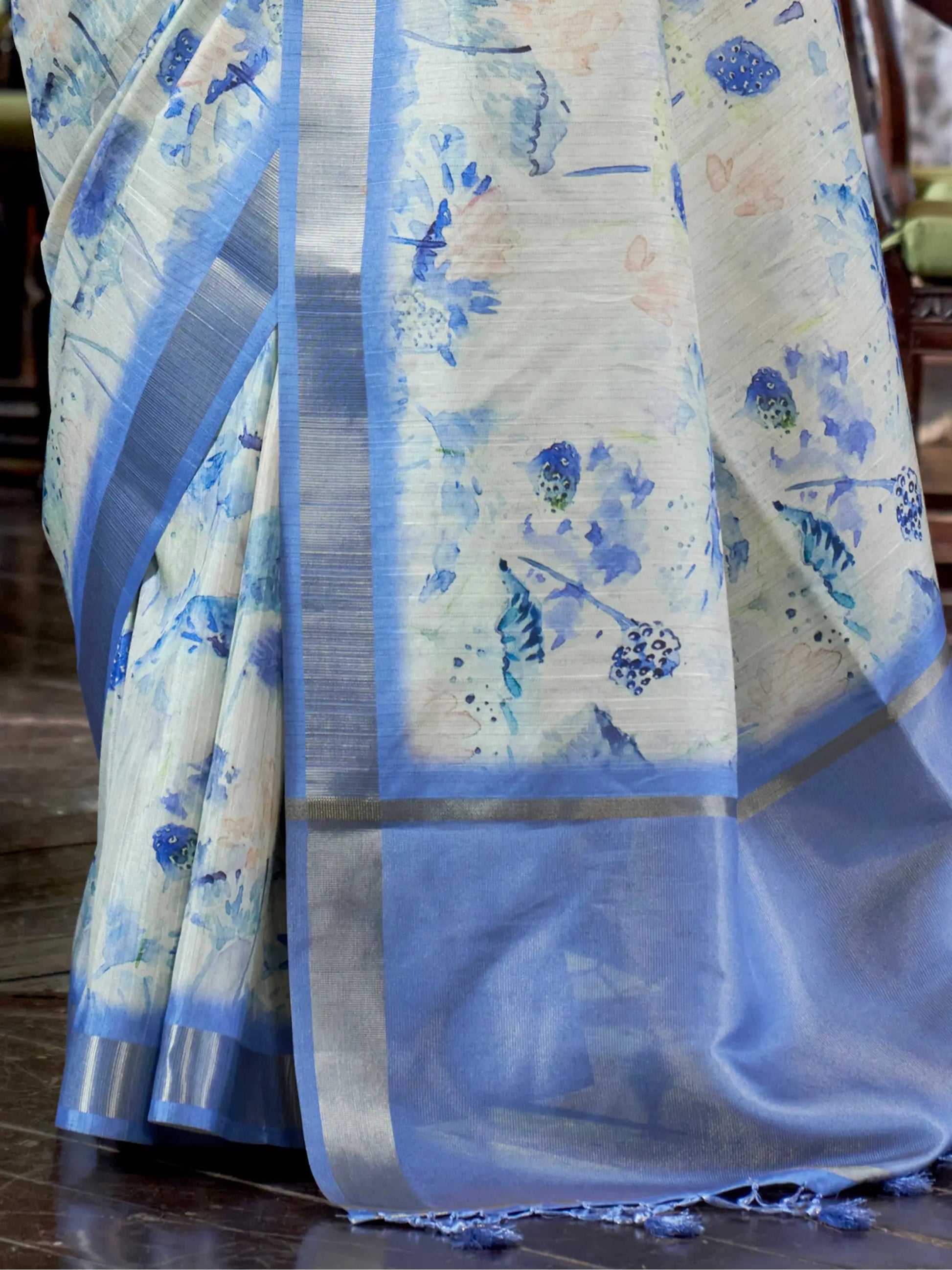 Marvelous Blue & Off-White Printed Banarasi Silk Saree With Blouse - Zeel Clothing