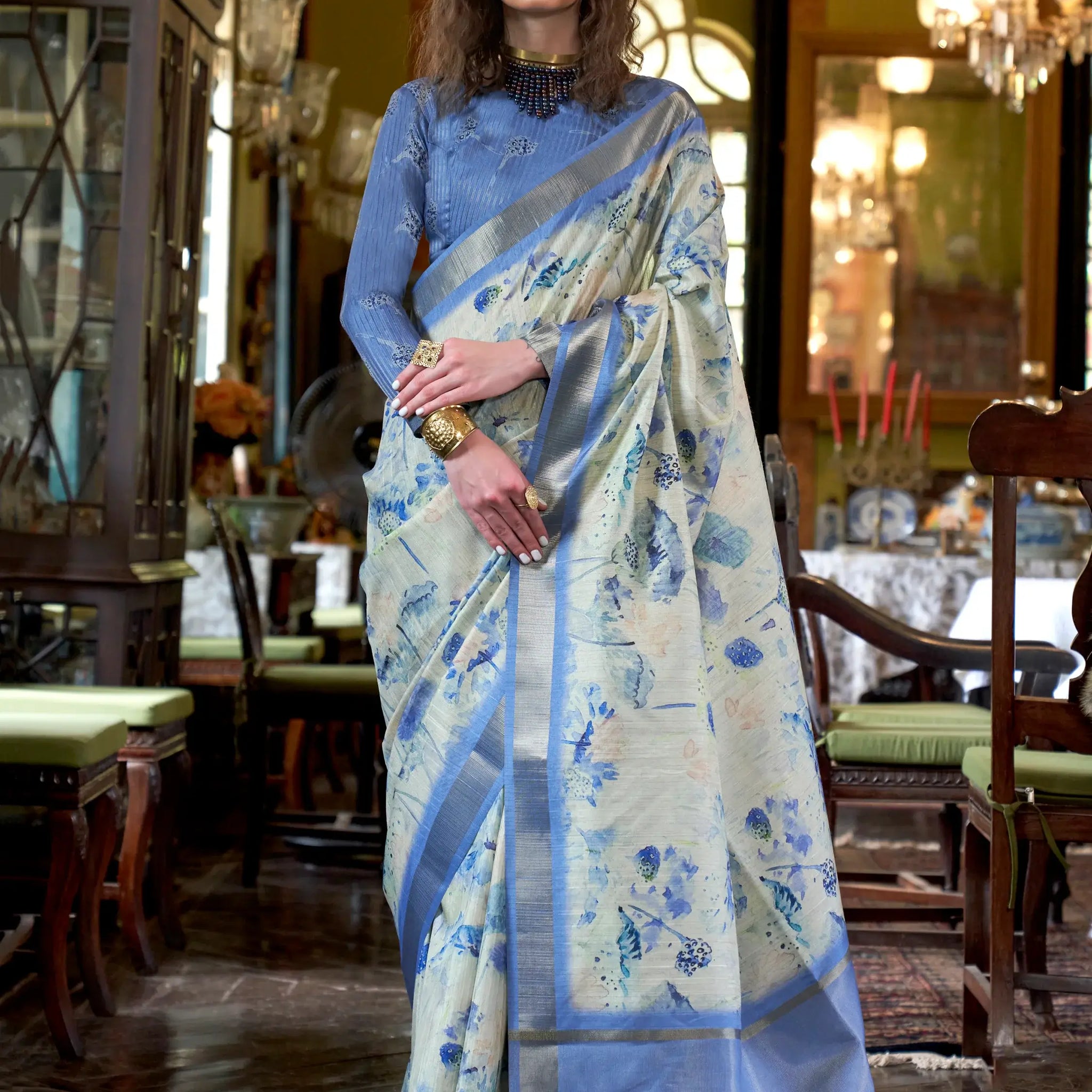 Marvelous Blue & Off-White Printed Banarasi Silk Saree With Blouse - Zeel Clothing