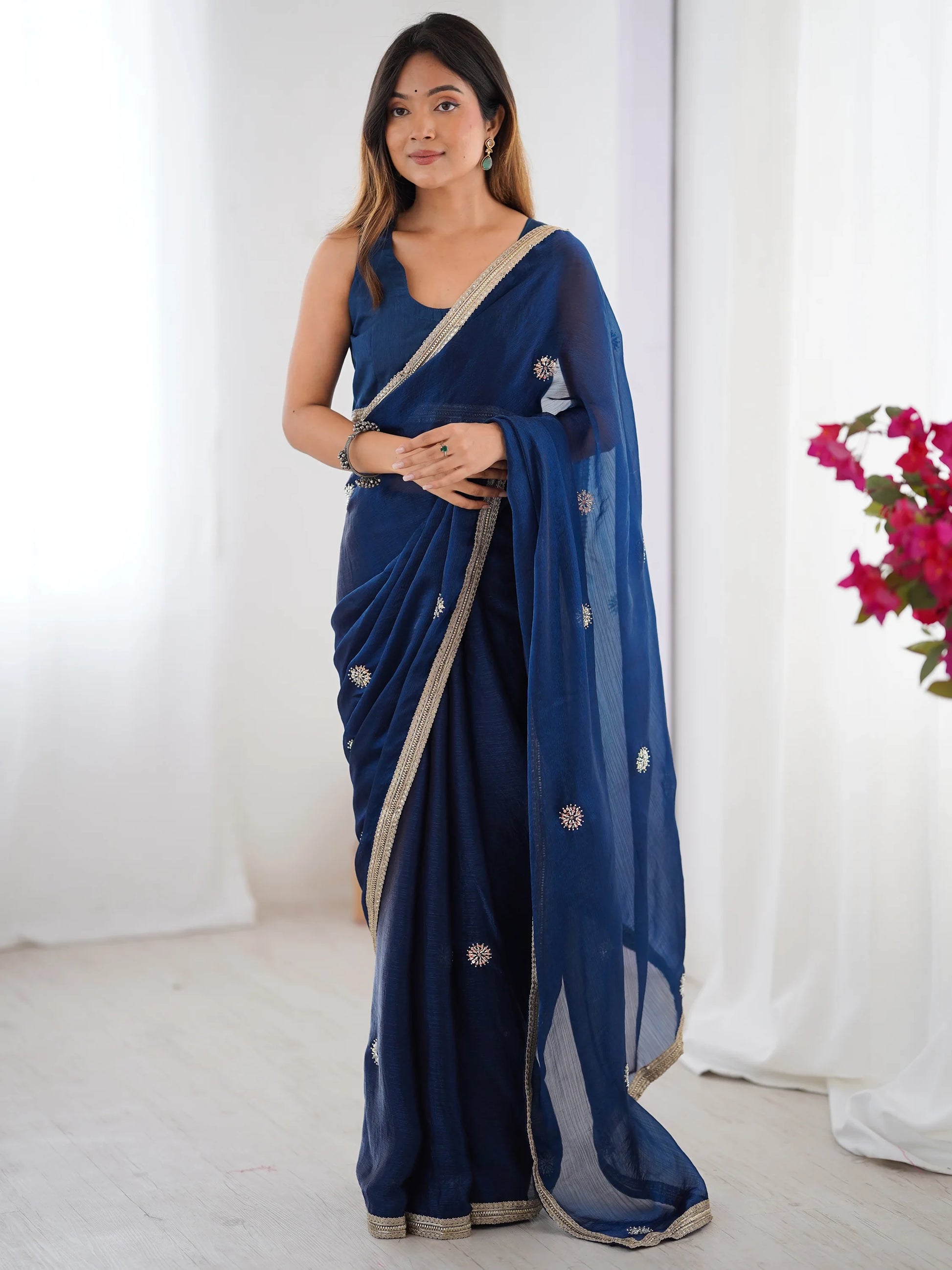 Marvelous Blue Beads Work Silk Party Wear Saree With Blouse - Zeel Clothing